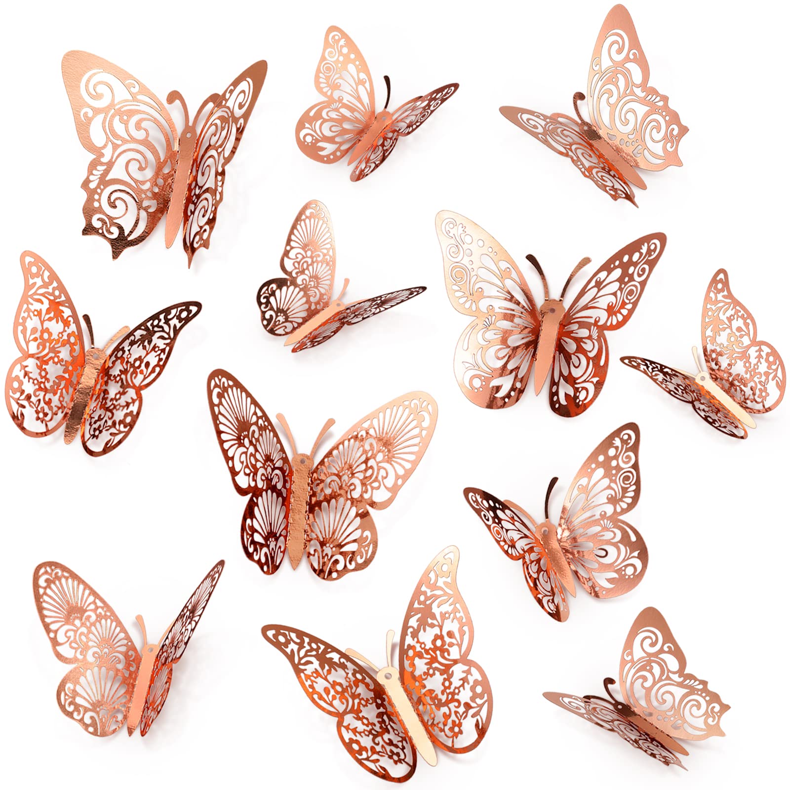 3D Butterfly Wall Decor Stickers Rose Gold Butterfly Decorations Party, 48Pcs 4 Patterns 3 Sizes, Butterfly Cake Decorations Paper Butterflies Wall Decals for Kids Baby Nursery Room Bedroom Birthday