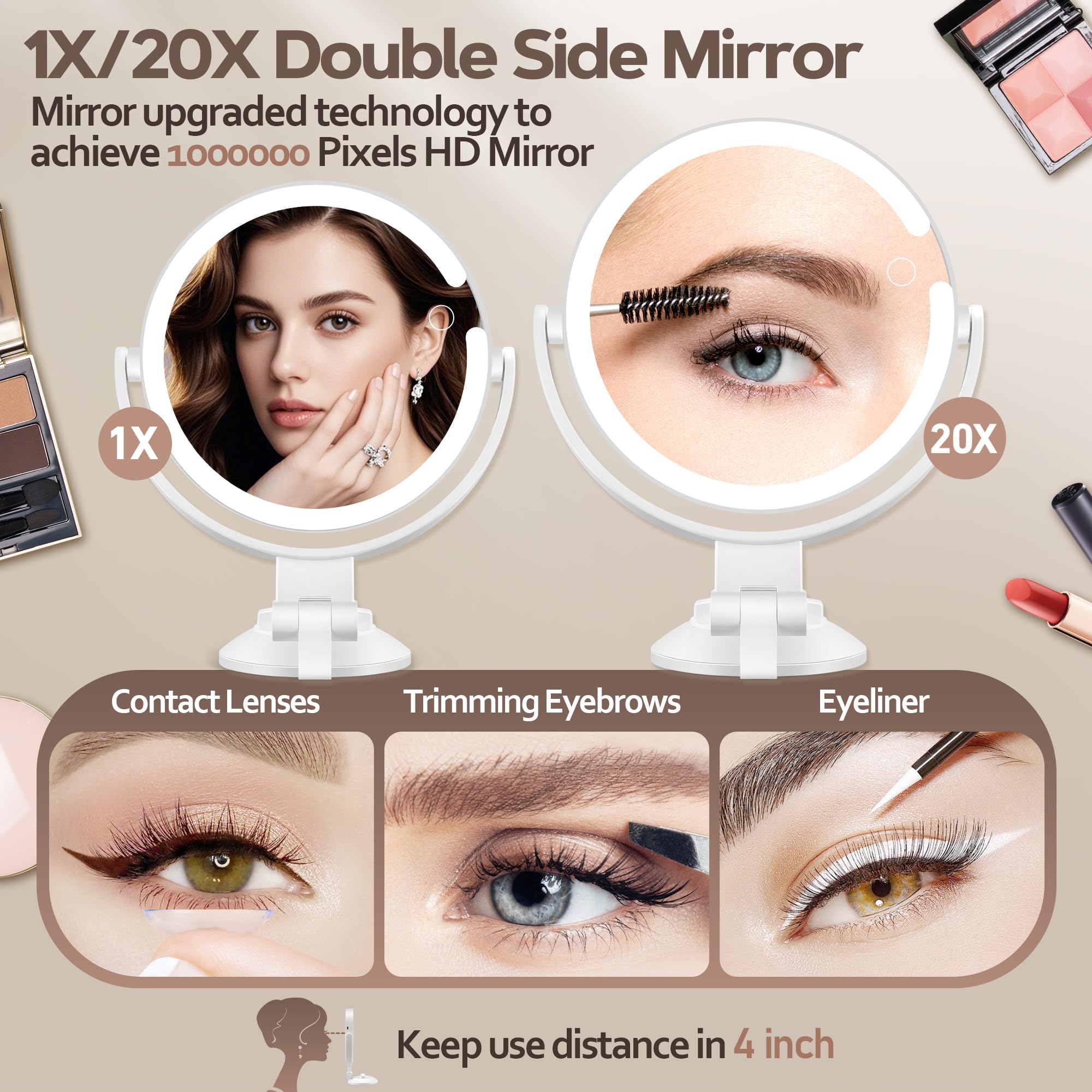 MOMOKUBA Magnifying Mirror with Light 20X, LED Bathroom Mirror with 3 Lighting Modes, Rotation Wall Mounted Makeup Mirror, Rechargeable Mirror with Lights and Suction Cup, for Home, Bathroom, Travel