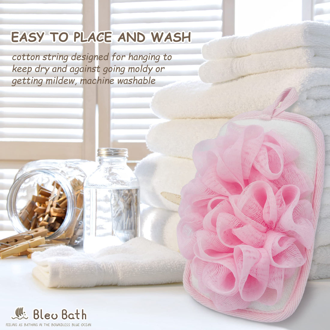 Bleu Bath (2 Pack) Exfoliating Bath Sponge Body Loofah Mitt Pad Shower Pouf Elastic Hand Strap Mesh Sponge Shower Scrubber