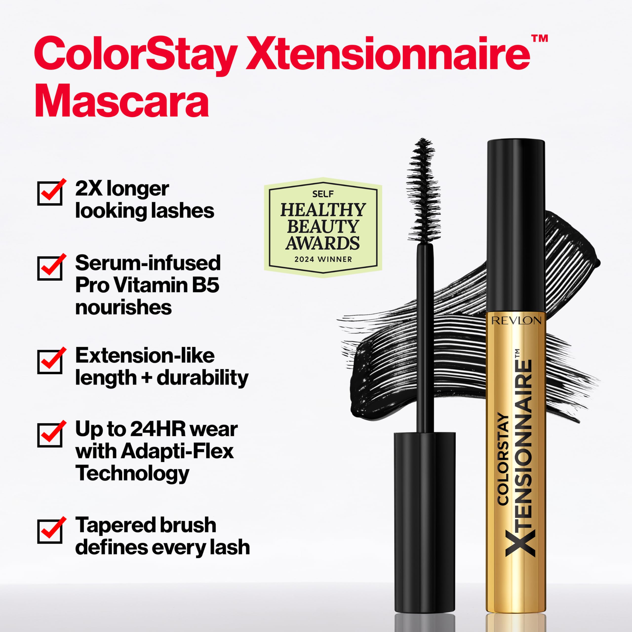 Revlon ColorStay Xtensionnaire Lengthening Lash Serum and Mascara In One, Tapered Brush for 2X Longer Looking Eyelashes, Infused with Pro Vitamin B5, Smudge-Proof, 211 Black Waterproof