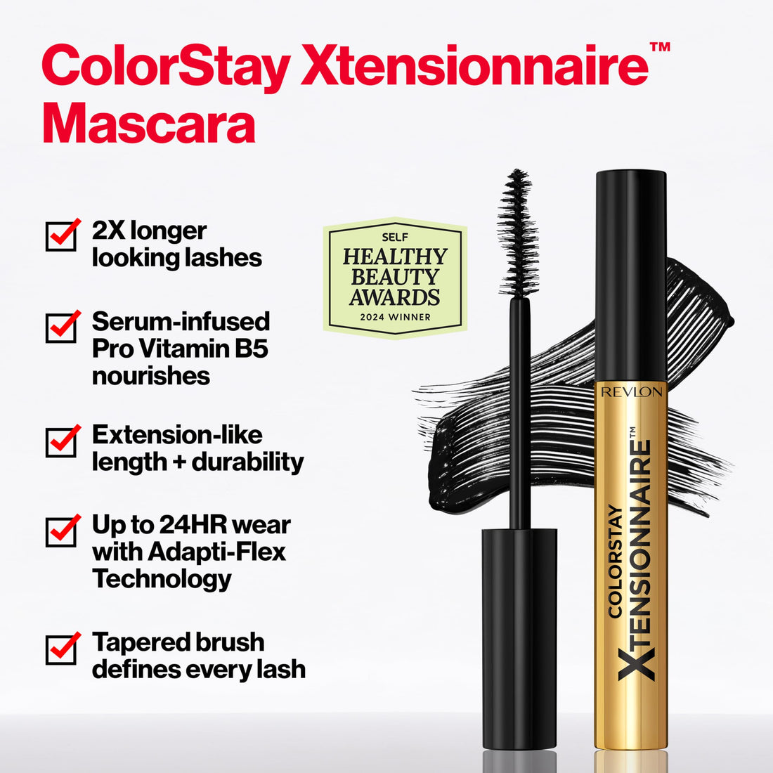 Revlon ColorStay Xtensionnaire Lengthening Lash Serum and Mascara In One, Tapered Brush for 2X Longer Looking Eyelashes, Infused with Pro Vitamin B5, Smudge-Proof, 201 Blackest Black