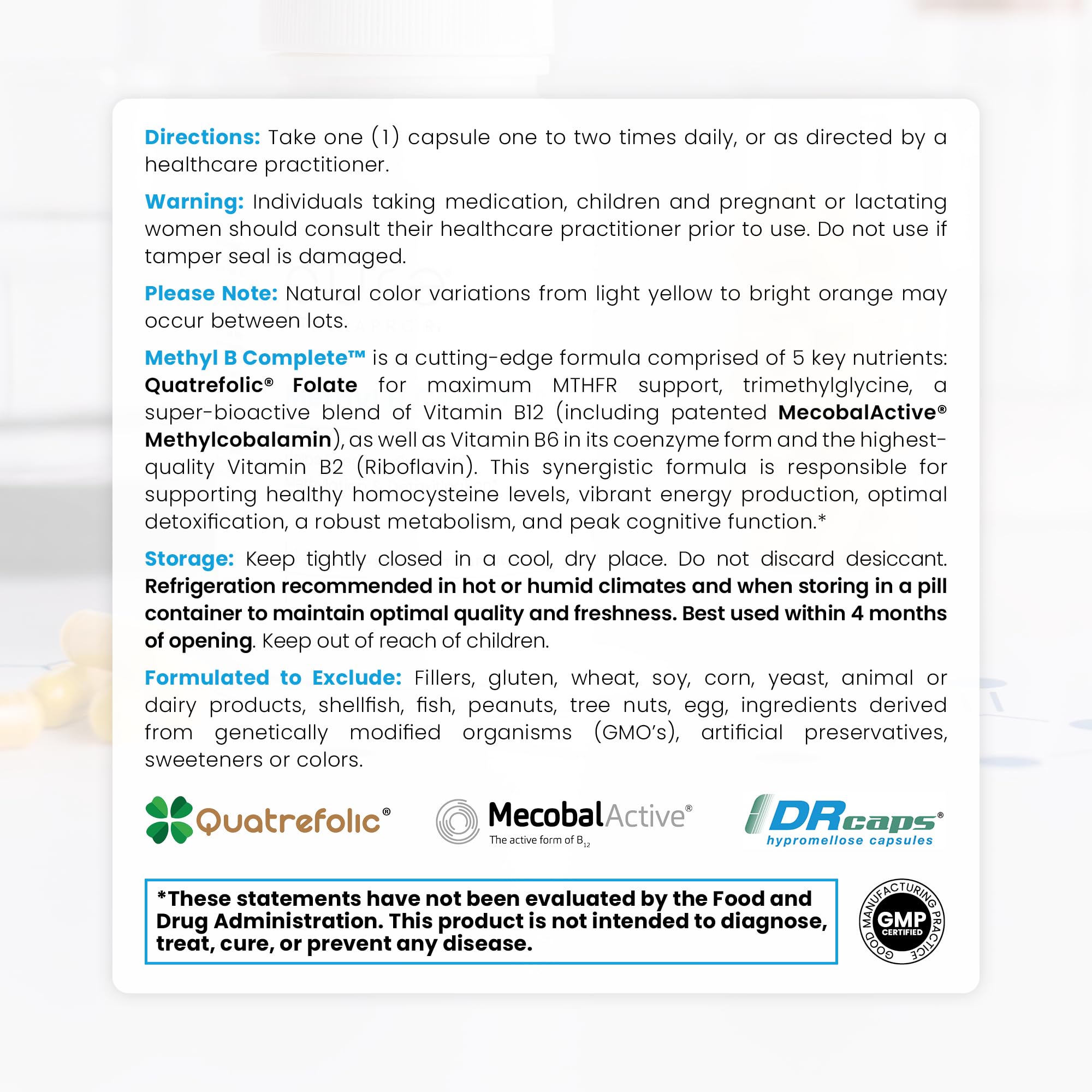 Pure TheraPro Rx Methylated B Complex Vitamins Made in USA, 4 Month Supply | Methyl B Complete Quatrefolic 5-MTHF Folate, B12 Methylcobalamin, TMG Trimethylglycine, Methylfolate | Pharm Grade