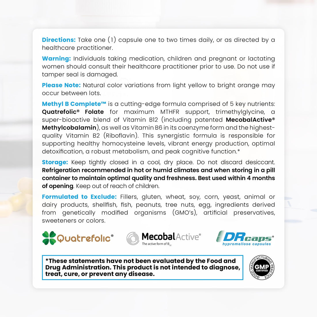 Pure TheraPro Rx Methylated B Complex Vitamins Made in USA, 4 Month Supply | Methyl B Complete Quatrefolic 5-MTHF Folate, B12 Methylcobalamin, TMG Trimethylglycine, Methylfolate | Pharm Grade