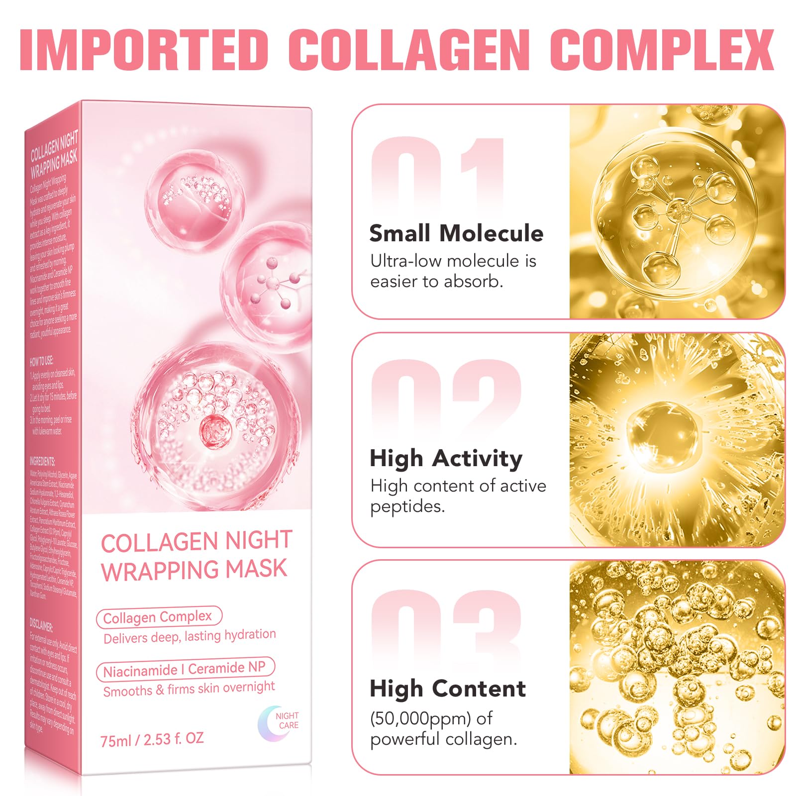 Collagen Night Wrapping Mask, Collagen Overnight Wrapping Peel Off Face Mask for Reduce Sagging & Dullness, Elasticity & Hydration, Tight Skin Collagen Mask-2.53 fl.oz (Brush Included) (75 ML)