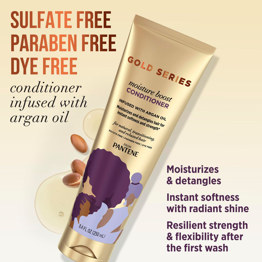 Pantene, Shampoo and Conditioner Kit, with Argan Oil, Sulfate Free, Pro-V Gold Series, for Natural and Curly Textured Hair, 17.9 fl oz, Kit