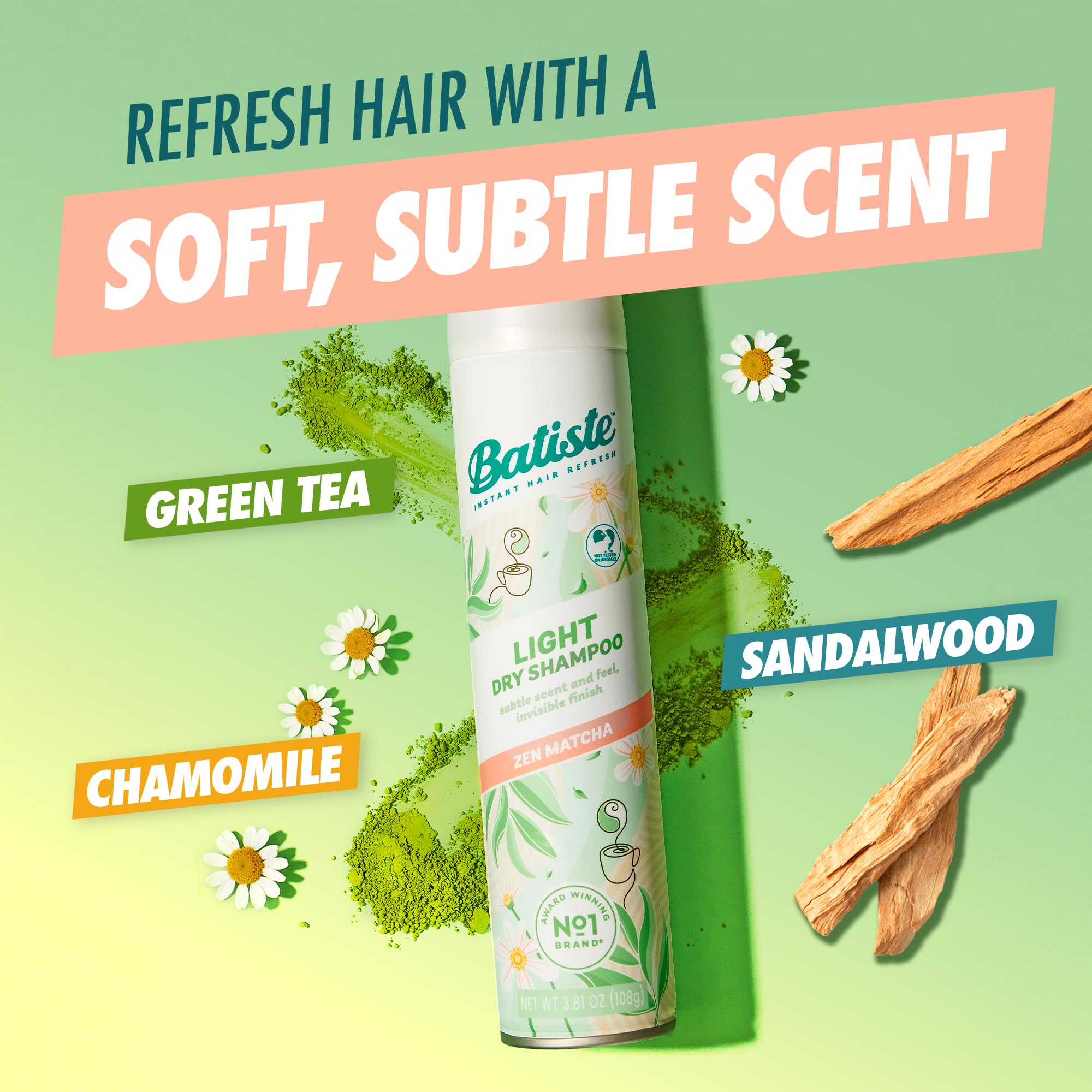 Batiste Light Dry Shampoo, Zen Matcha, Invisible Finish, Refresh Hair & Absorb Oil Between Washes, 3.81 Oz