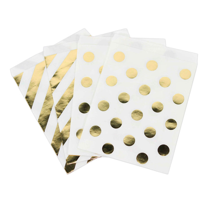 Andaz Press Gold Foil Favor Bags, Polka Dots and Striped, 24-Pack, Shiny Metallic Colored Wedding Birthday Baby Shower Classroom Party Supplies Decorations