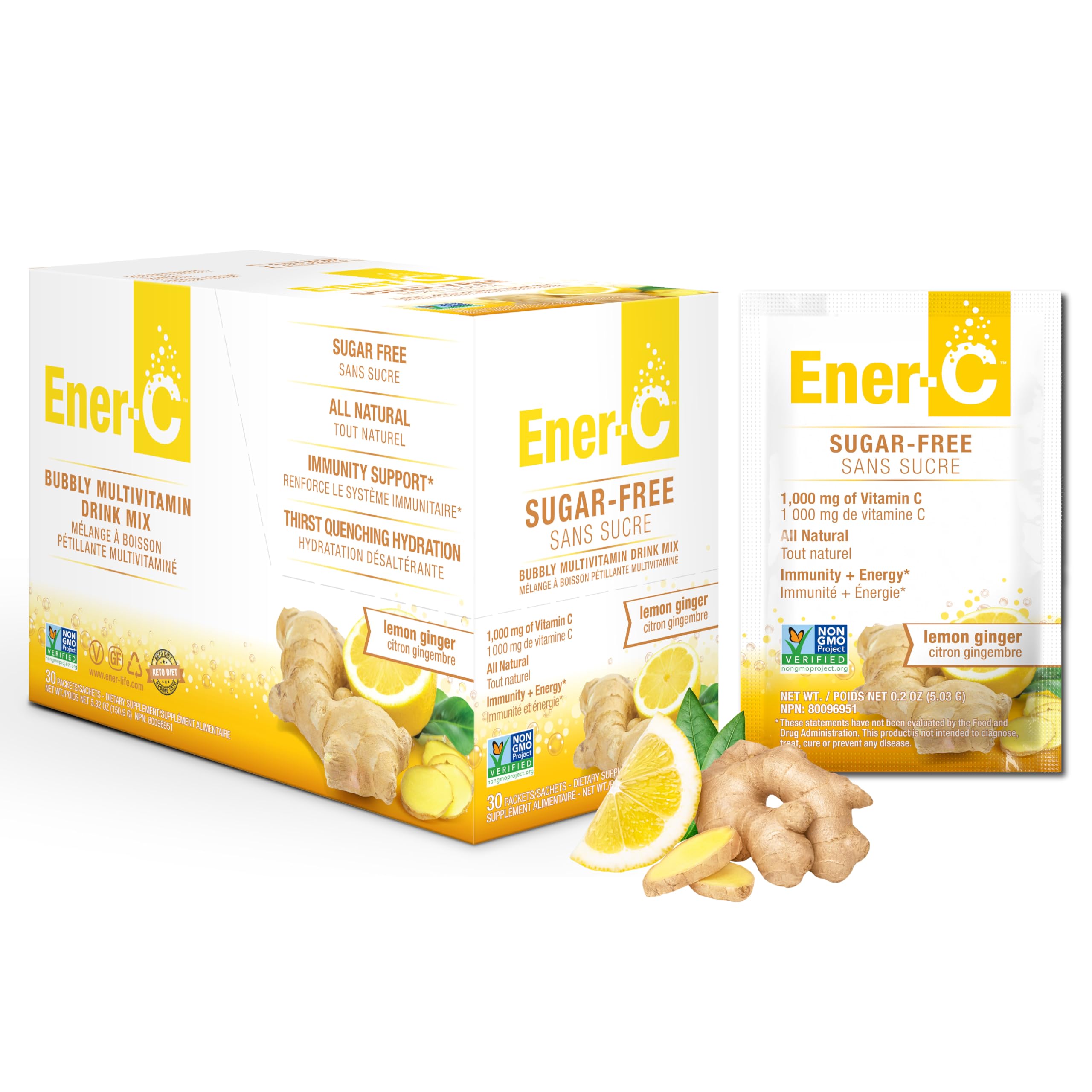 Ener-C Sugar Free Lemon Ginger Multivitamin Drink Mix, 1000mg Vitamin C, Non-GMO, Vegan, Real Fruit Juice Powders, Natural Immunity Support, Electrolytes, Gluten Free, 1-Pack of 30