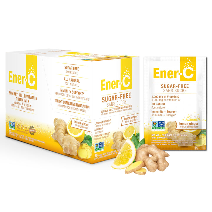 Ener-C Sugar Free Lemon Ginger Multivitamin Drink Mix, 1000mg Vitamin C, Non-GMO, Vegan, Real Fruit Juice Powders, Natural Immunity Support, Electrolytes, Gluten Free, 1-Pack of 30