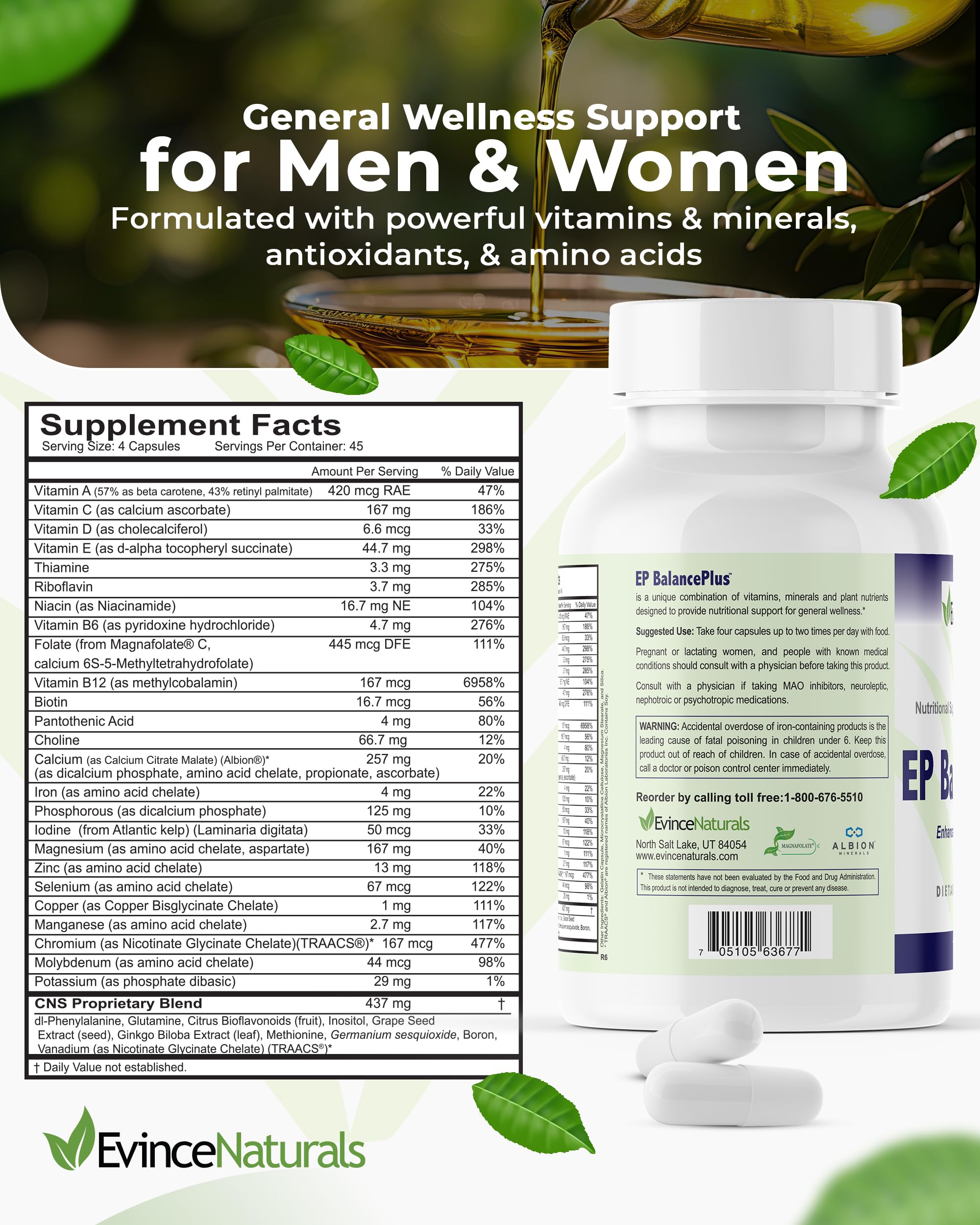 EP BalancePlus Multivitamin for Adults - Multivitamin for Men & Women with Vitamins and Minerals - Methyl Folate & Amino Acids for Nutritional Support - General Wellness Supplement, 180 Capsules