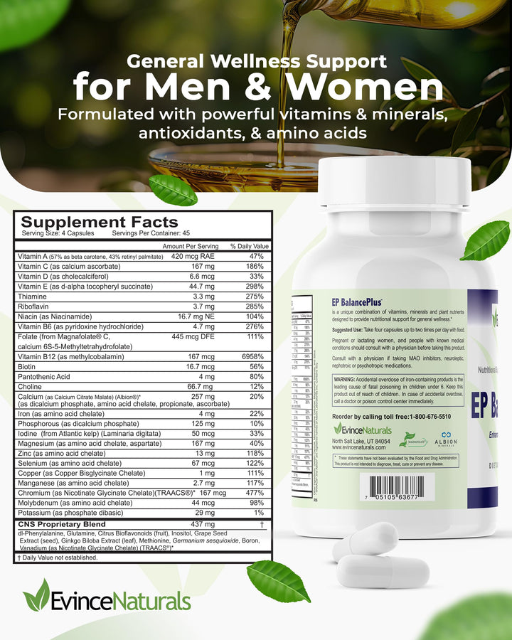 EP BalancePlus Multivitamin for Adults - Multivitamin for Men & Women with Vitamins and Minerals - Methyl Folate & Amino Acids for Nutritional Support - General Wellness Supplement, 180 Capsules