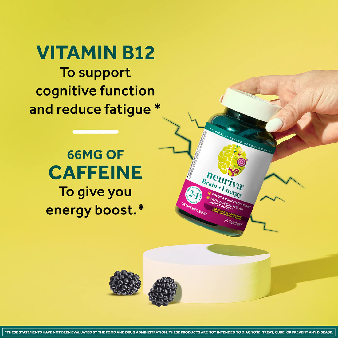 NEURIVA Brain + Energy Gummies, Nootropic Brain Supplements for Focus and Concentration with Neurofactor, Vitamin B12 & Caffeine for an Energy Boost*, 75ct Natural BlackBerry