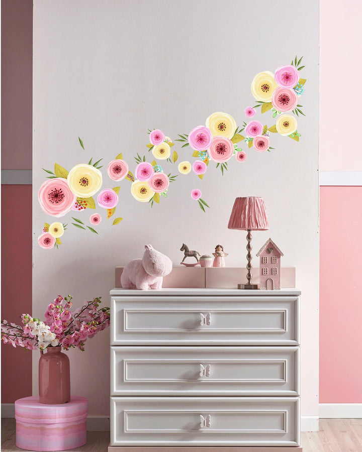 PapaKit Large Hand Painted Spring Flowers Wall Decal Mural (Watercolor Floral Design 72 Pcs) Baby Girl Nursery Child Kid Teen Room Home Decor | Creative Art Pattern | Wedding Bridal Shower Party Event