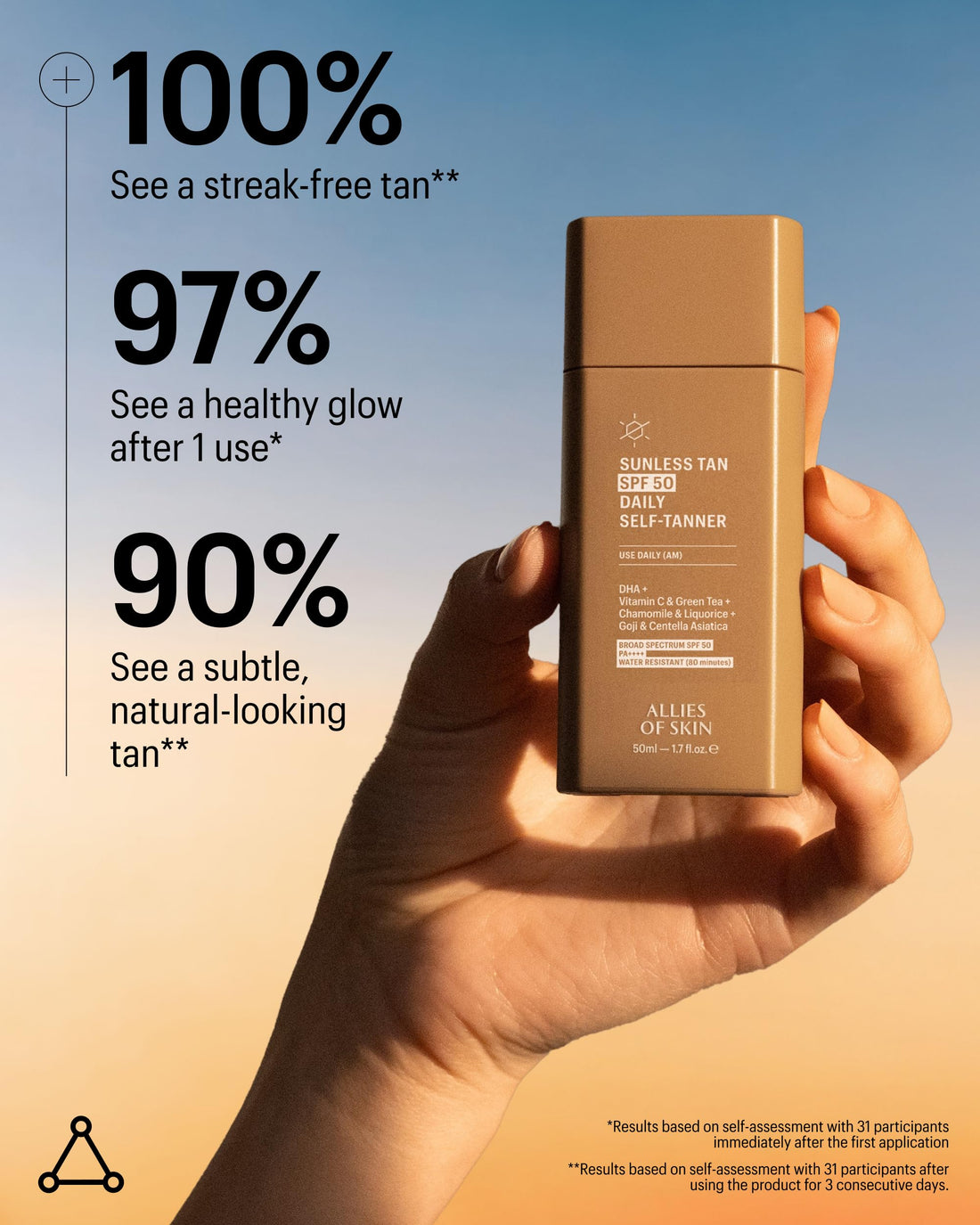 Allies of Skin Daily SPF 50 Daily Self Tanner for Face | Buildable Natural Tan with Sunscreen and Vitamin C | Lightweight Gel Formula for Streak-Free Finish and Glow (1.7 Fl oz)