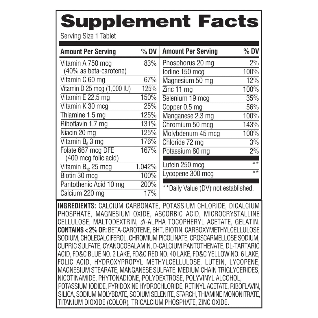 Equate Adult 50+ One Daily Complete Multivitamin/Multimineral Supplement, 125 Tablets, Comprehensive Multivitamin for Adults Over 50 + Createandbundle Sticker