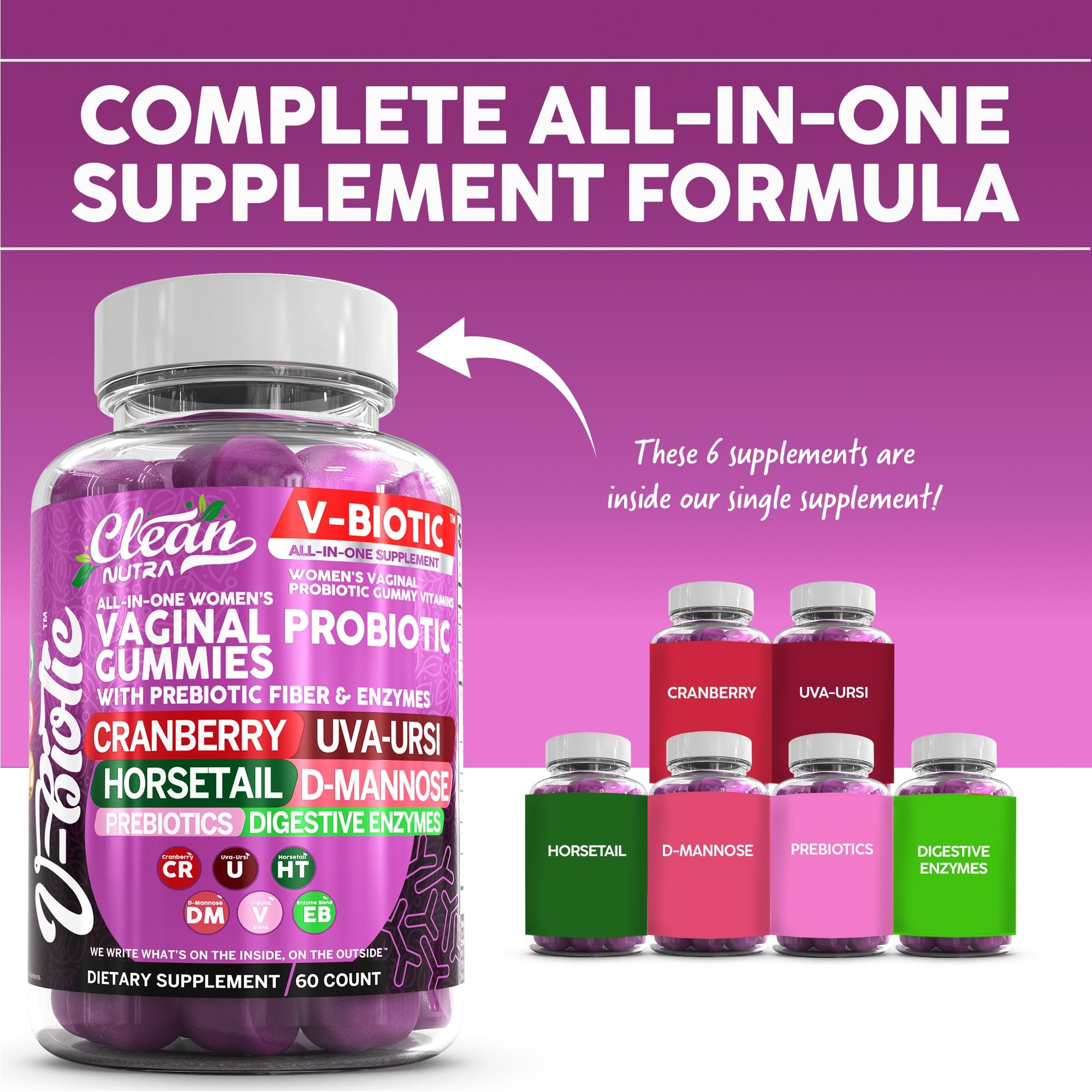 Clean Nutraceuticals Vaginal Probiotics for Women Gummies with Cranberry, Uva Ursi, Horsetail, D-Mannose, Prebiotics & Digestive Enzymes, Vaginal Health Supplement for pH Balance Flora Odor VBiotic