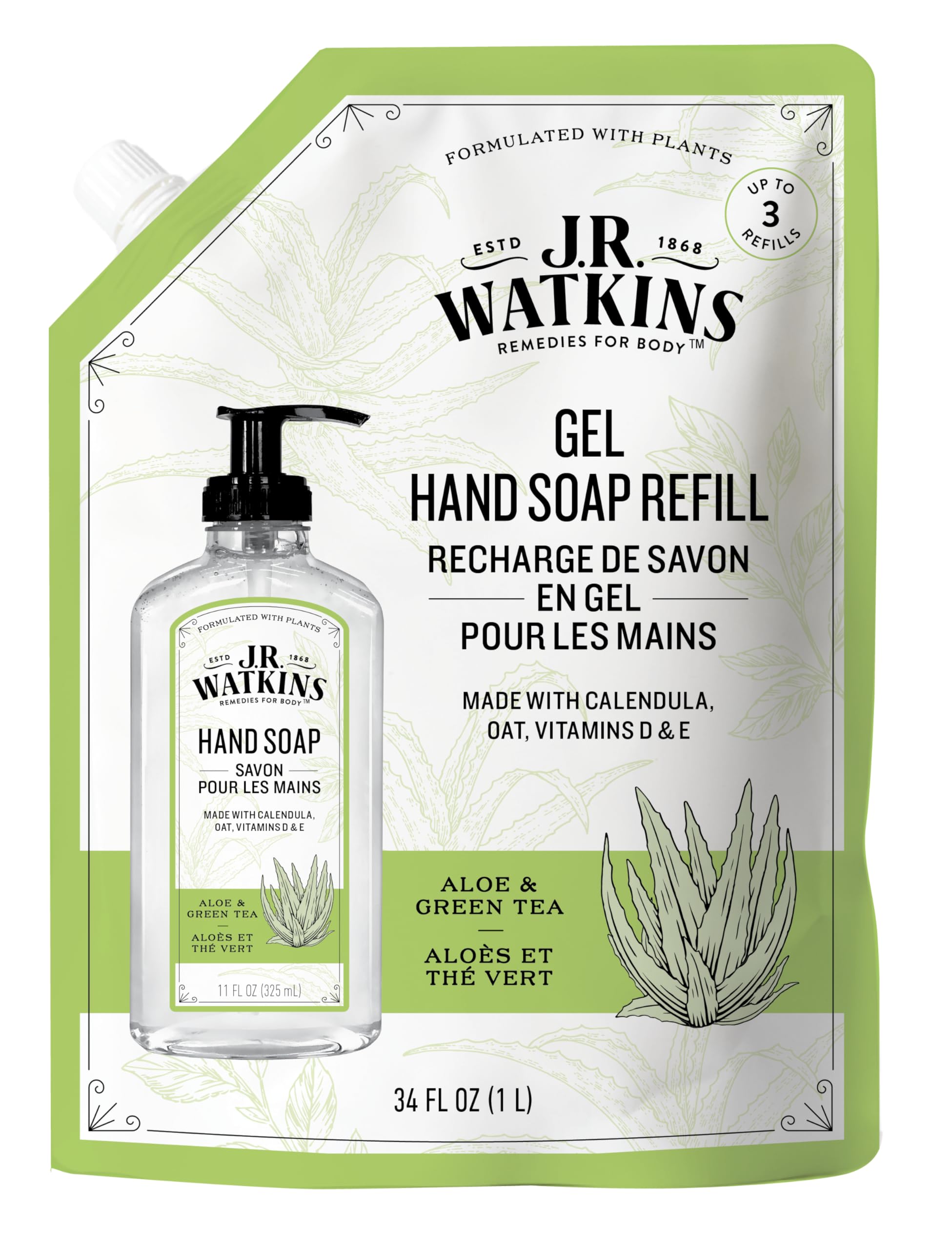 J.R. Watkins Hand Soap Refillsavon, Aloe & Green Tea 34 Fl Oz, Pack Of 1