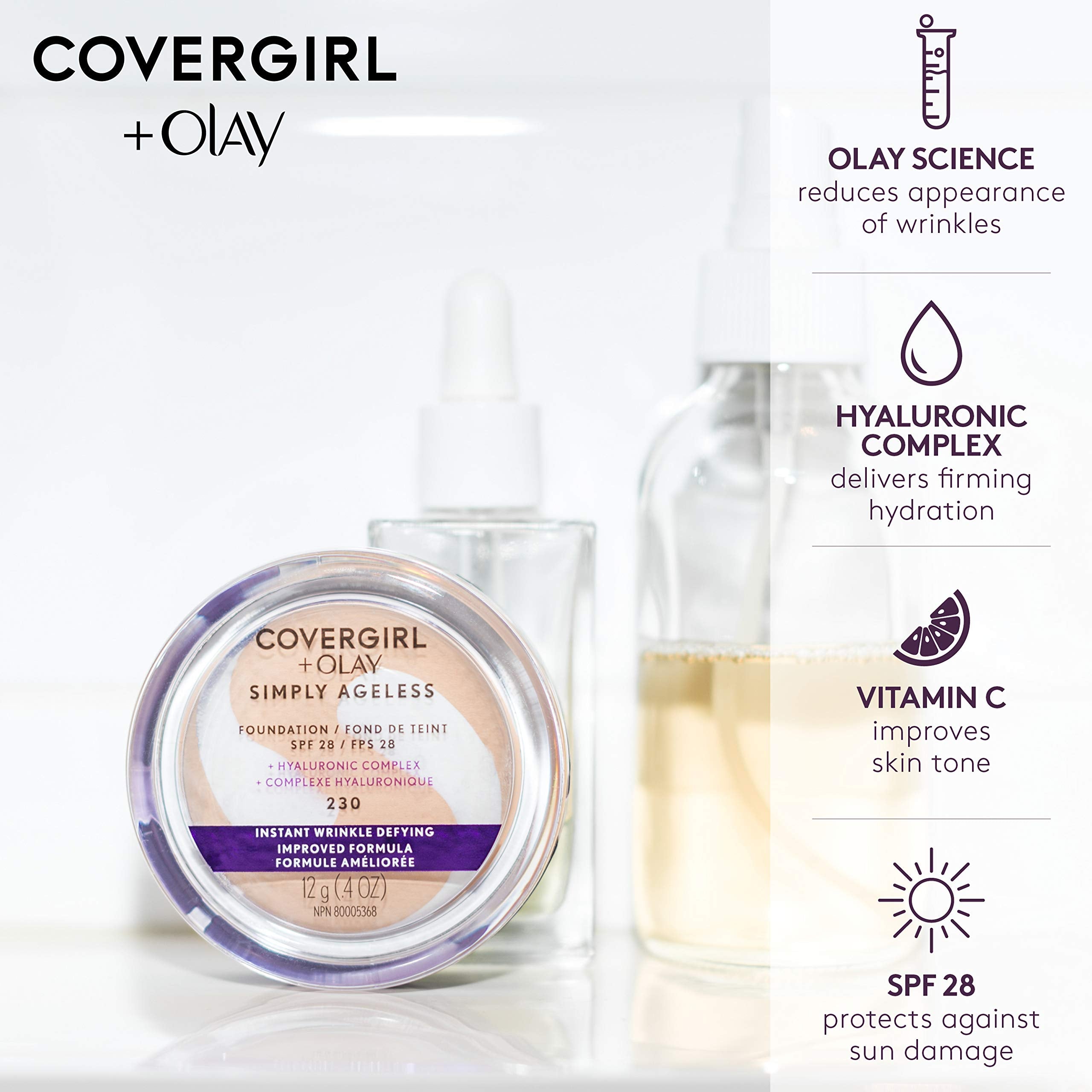 CoverGirl & Olay Simply Ageless Foundation, Creamy Beige 250, 0.40-Ounce Package