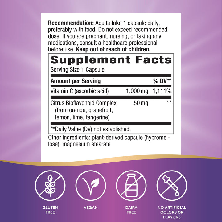 Nature’s Way Extra Strength Vitamin C with Bioflavonoids, Supports Immune Health*, Promotes Collagen Production for Healthy Skin*, 1g Vitamin C per Capsule, 100 Vegan Capsules (Packaging May Vary)