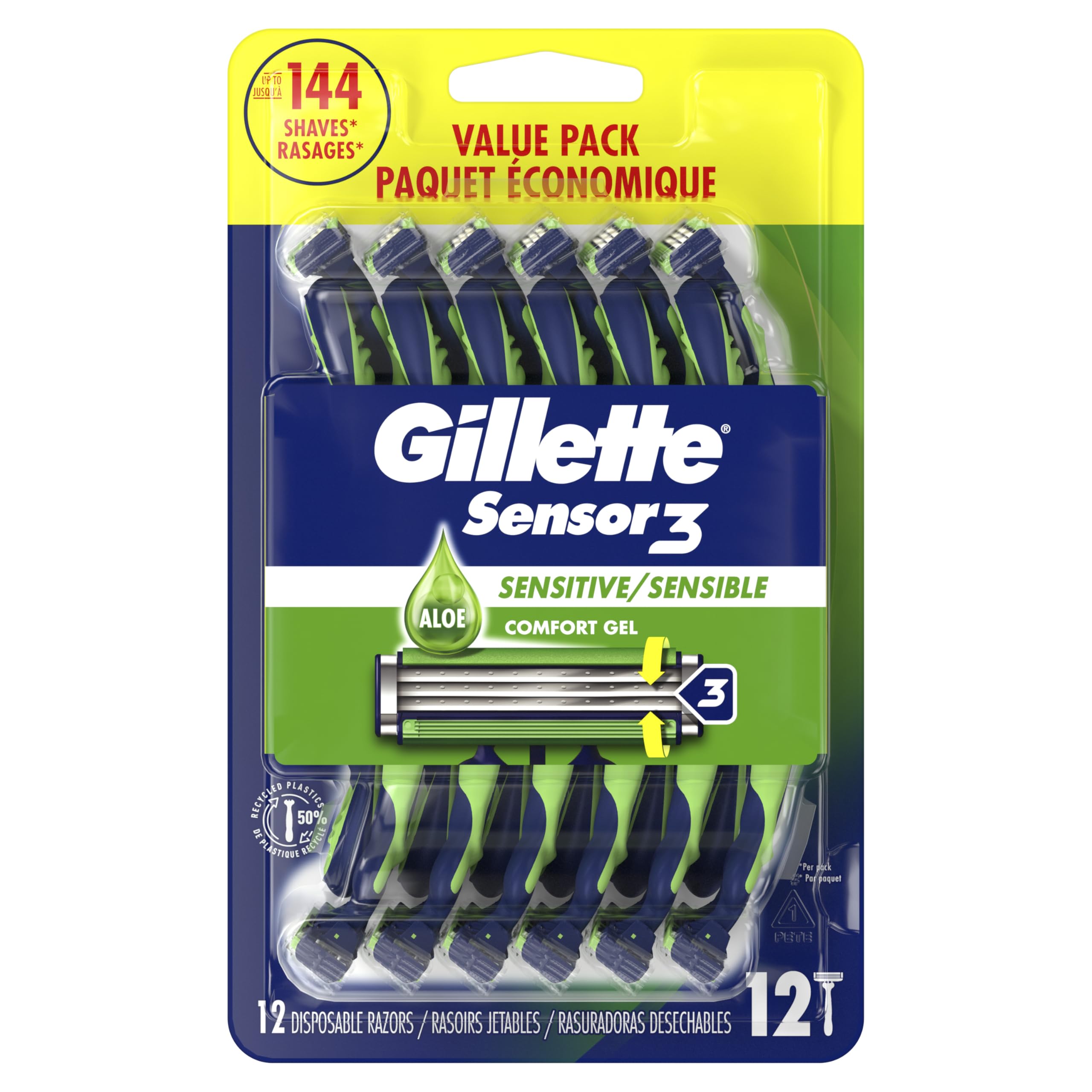 Gillette Sensor3 Sensitive Men's Disposable Razor, 12 Razors