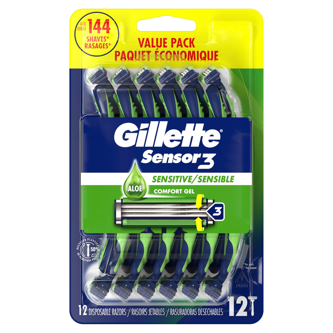 Gillette Sensor3 Sensitive Men's Disposable Razor, 12 Razors