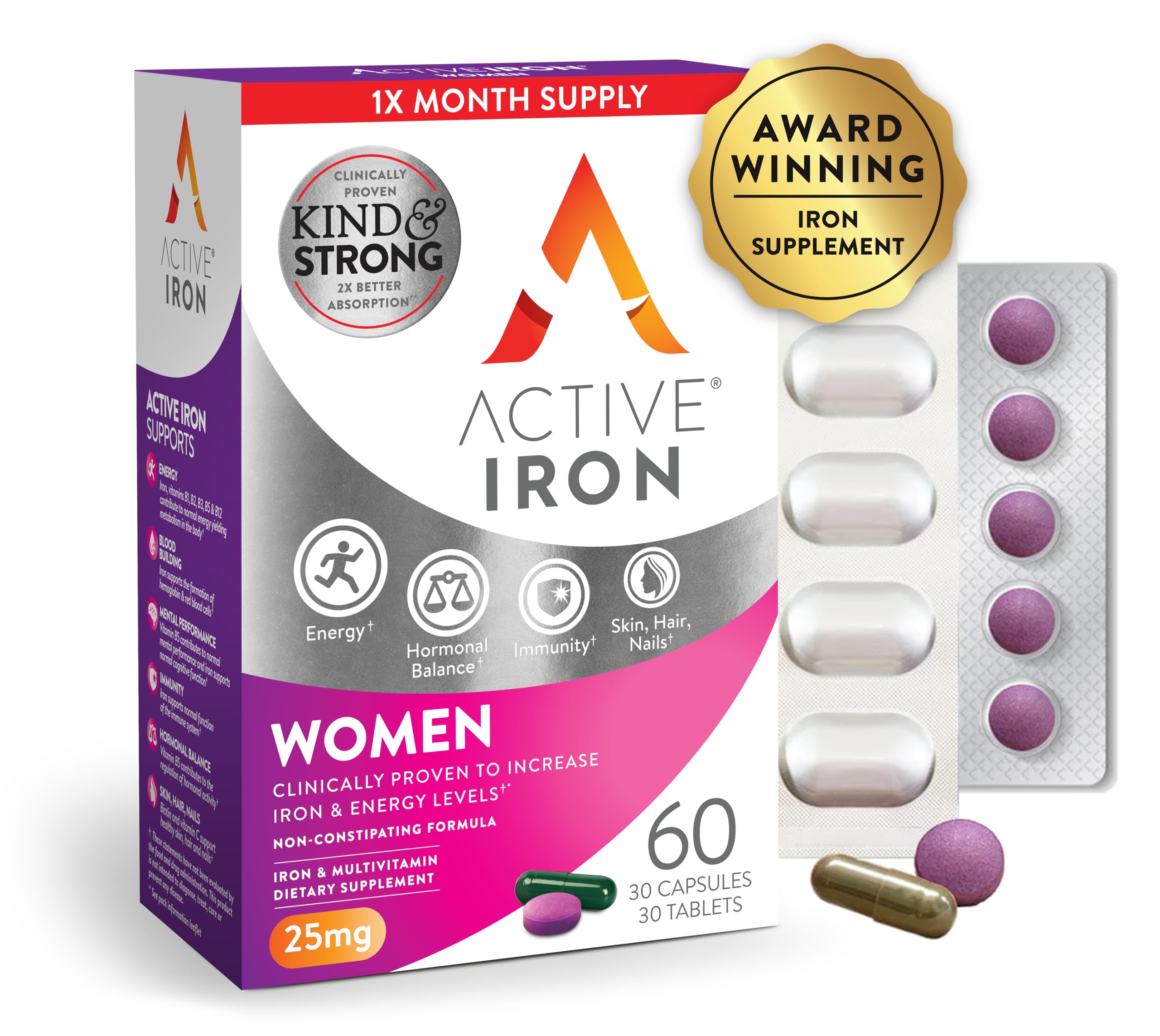 Active Iron Supplement for Women, Non-Constipating, 30 Active Iron Ferrous Sulphate Capsules with 30 Women's Multivitamin Tablets, Clinically Proven to Increase Iron & Energy Levels