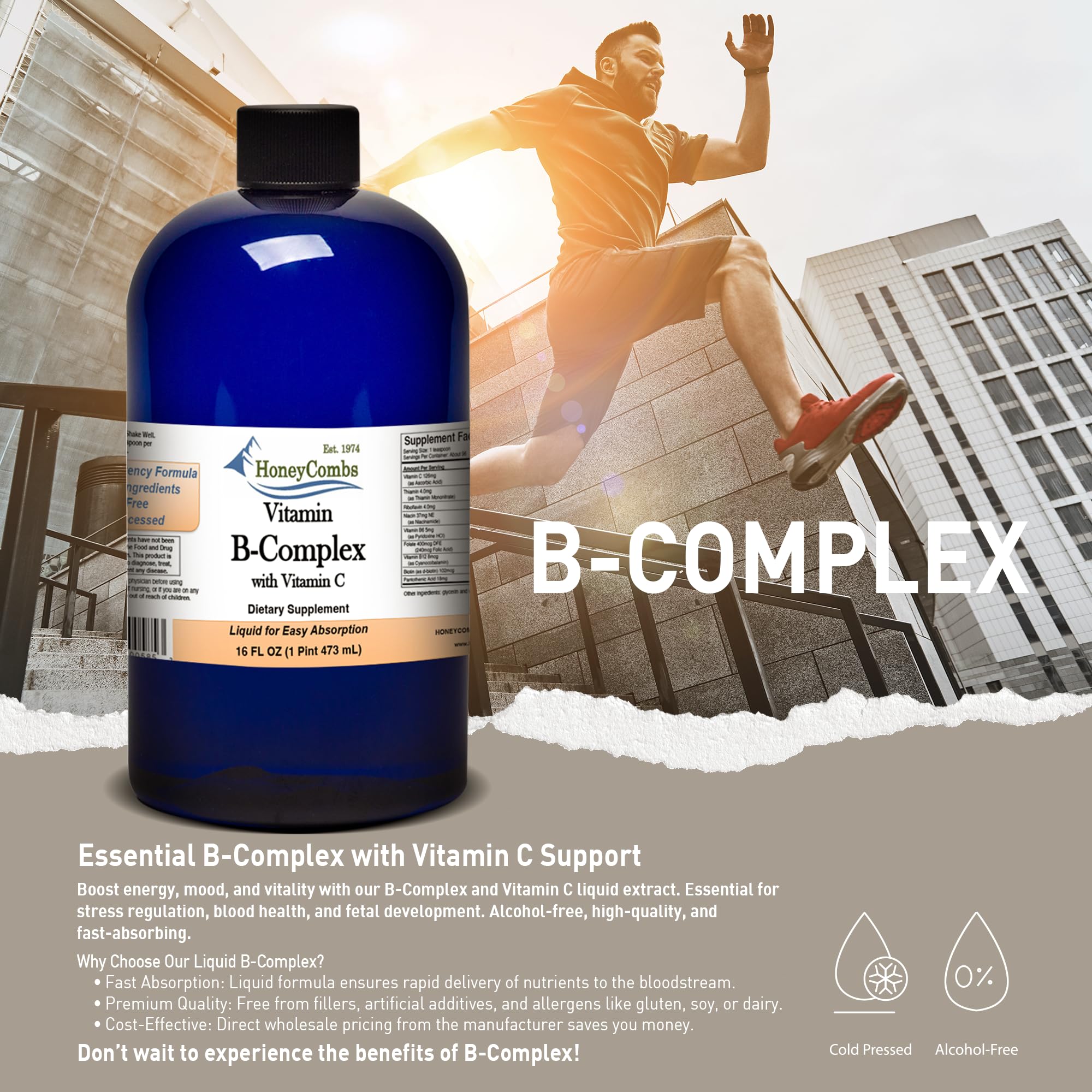 HoneyCombs Vitamin B Complex Drops – Liquid Supplement with Vitamin B1, B2, B3, B5, B6, B7, B9, B12 & Vitamin C – Liquid Super B Complex Vitamins – Alcohol-Free Liquid Vitamin Supplement, 16 Fl Oz.