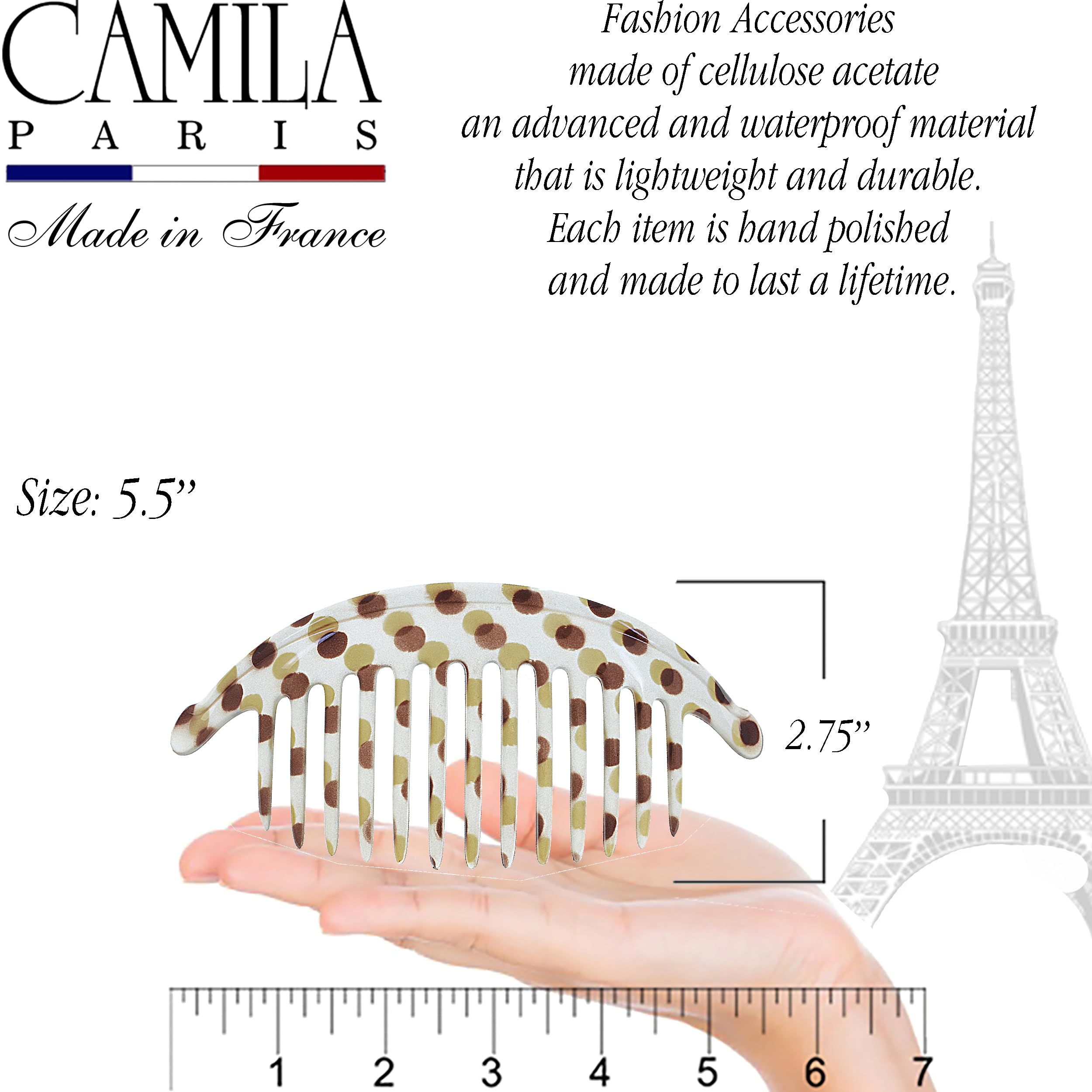 Camila Paris CP1248/2 Set of 2 French Hair Side Combs, Dots Large Interlocking Combs Flexible Durable Strong Hold Hair Clips for Women, No Slip Styling Girls Hair Accessories, Made in France