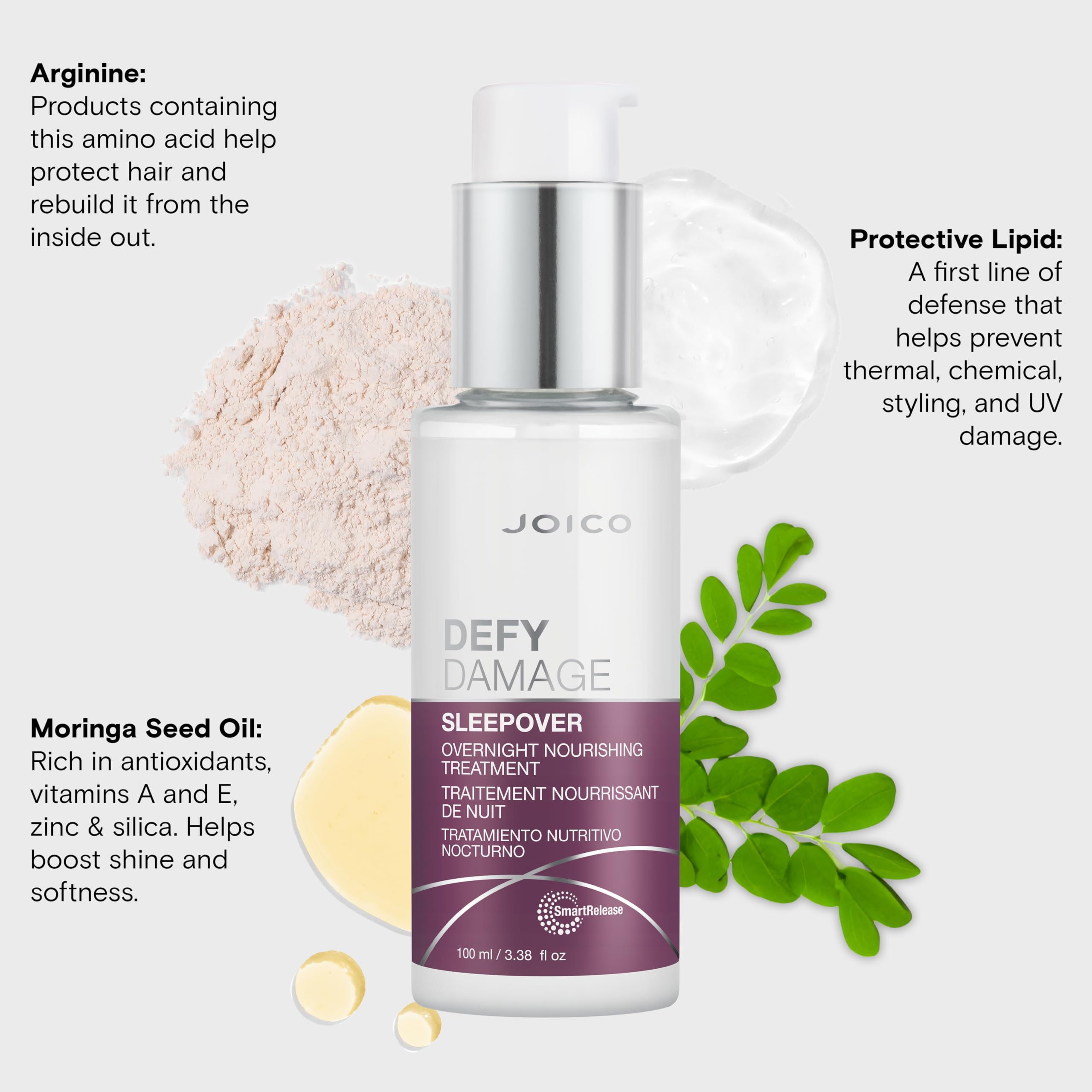 Joico Defy Damage Sleepover Overnight Nourishing Treatment | Instantly Softens & Smooths | Strengthen Bonds | Reduce Breakage & Split Ends | No Rinse Formula | With Arginine & Keratin | 3.38 oz | 2 Pa