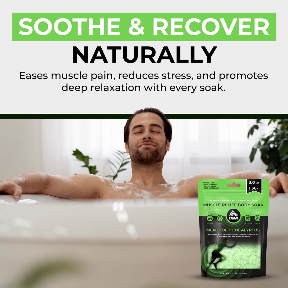 RBX Muscle Relief Epsom Salt – 5 lb Resealable Bath Soak with Menthol & Eucalyptus Essential Oils – Soothing Foot Soak & Body Soak for Muscle Relief & Relaxation – Bath Salts for Post-Workout Recovery