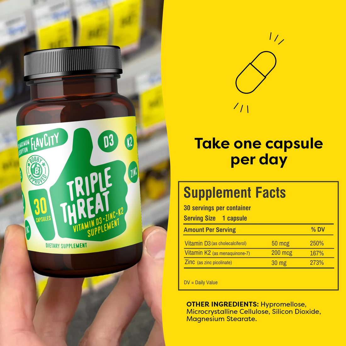 FlavCity Vitamin D Supplement, Triple Threat - 3-in-1 Dietary Supplement for Immune Support - Made with Vitamin D3, Zinc & Vitamin K2 for Maximum Absorption - 30 Capsules