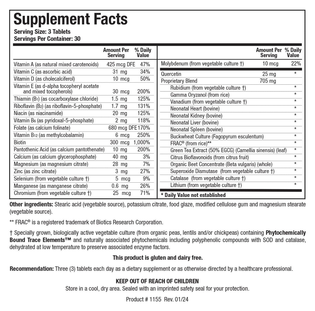 Biotics Research Bio Trophic Plus Food Form Comprehensive Multivitamin Mineral, Glandular Support, Organic Beet Concentrate, Citrus Bioflavonoids, SOD, Catalase. 90 Tabs
