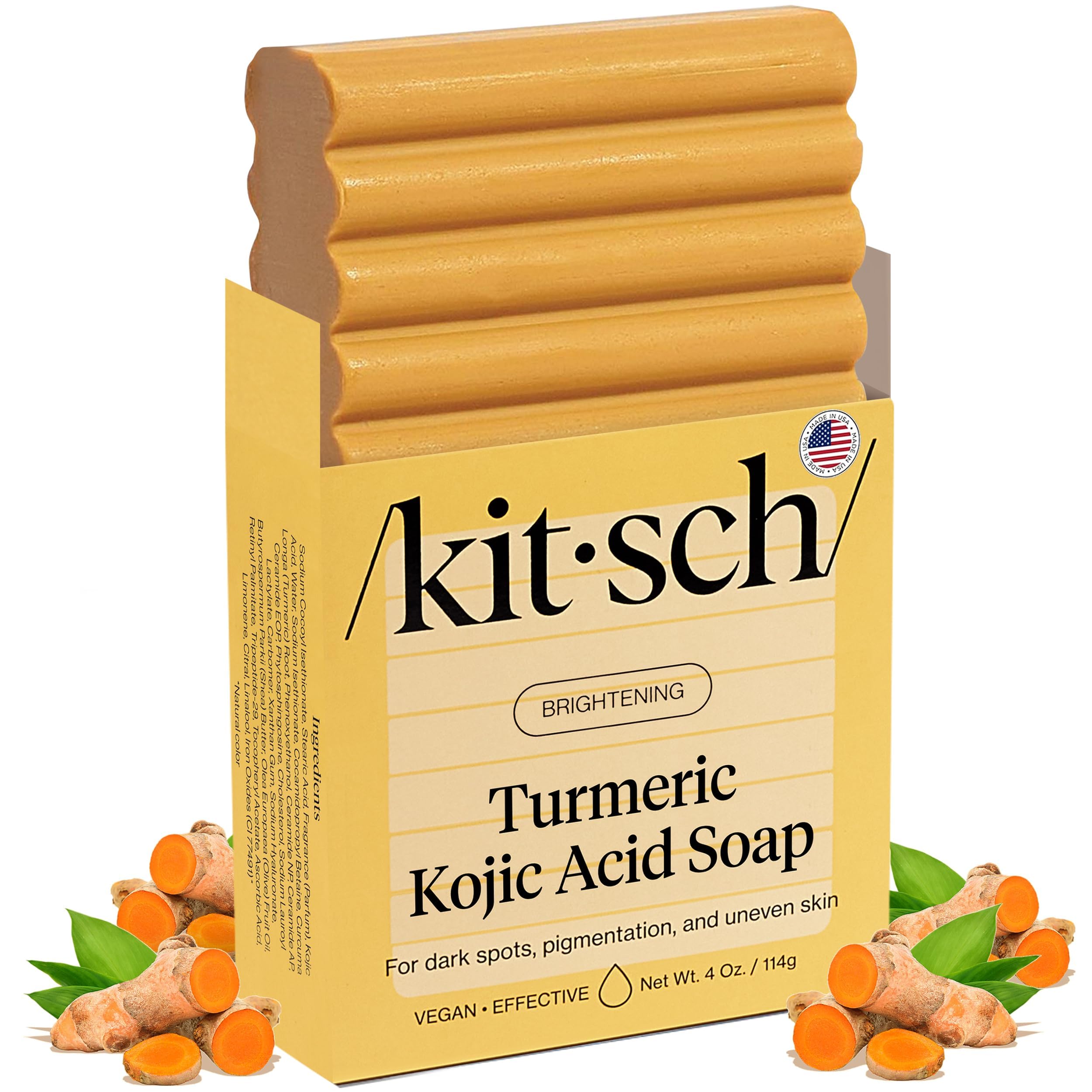 Kitsch Kojic Acid Soap – Turmeric Soap Bar with Hyaluronic Acid & Shea Butter – Brightening & Hydrating Body Wash & Face Wash for Dark Spots, Even Skin Tone & Natural Glow - Made in USA - 4 oz