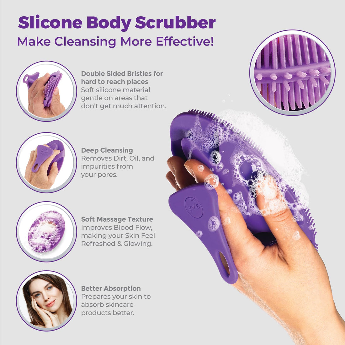 Juve Silicone Shower Scrubber- Body and Face Exfoliator for Women and Men- Exfoliating Bath Brush for Showering- Wash Away Excess Skin- Bathing Essentials Products and Accessories for Hygiene