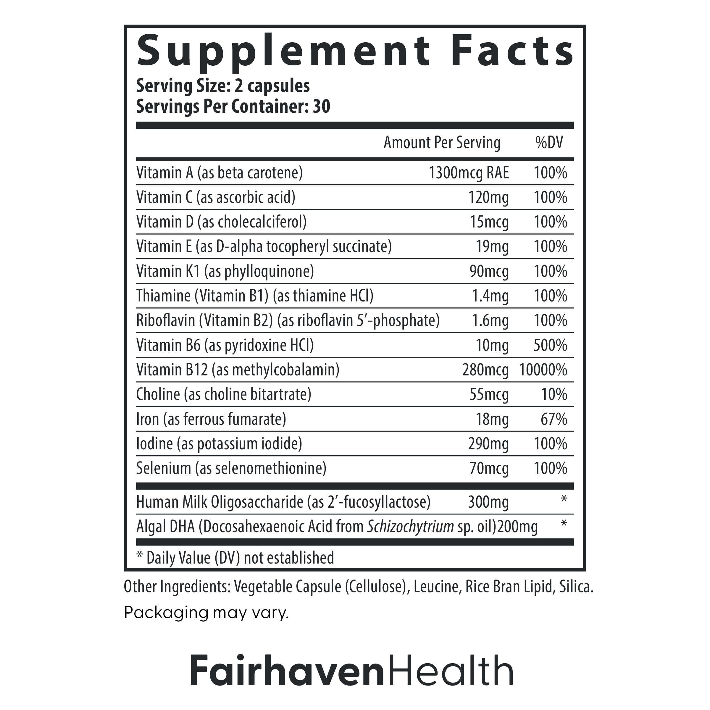 Fairhaven Health Postnatal Multivitamin Essentials | Vegan Daily Multivitamin for Postpartum Women | Breastfeeding Mother and Baby Development Support | Gluten, Dairy, Soy Free | Non-GMO | 60 Capsules