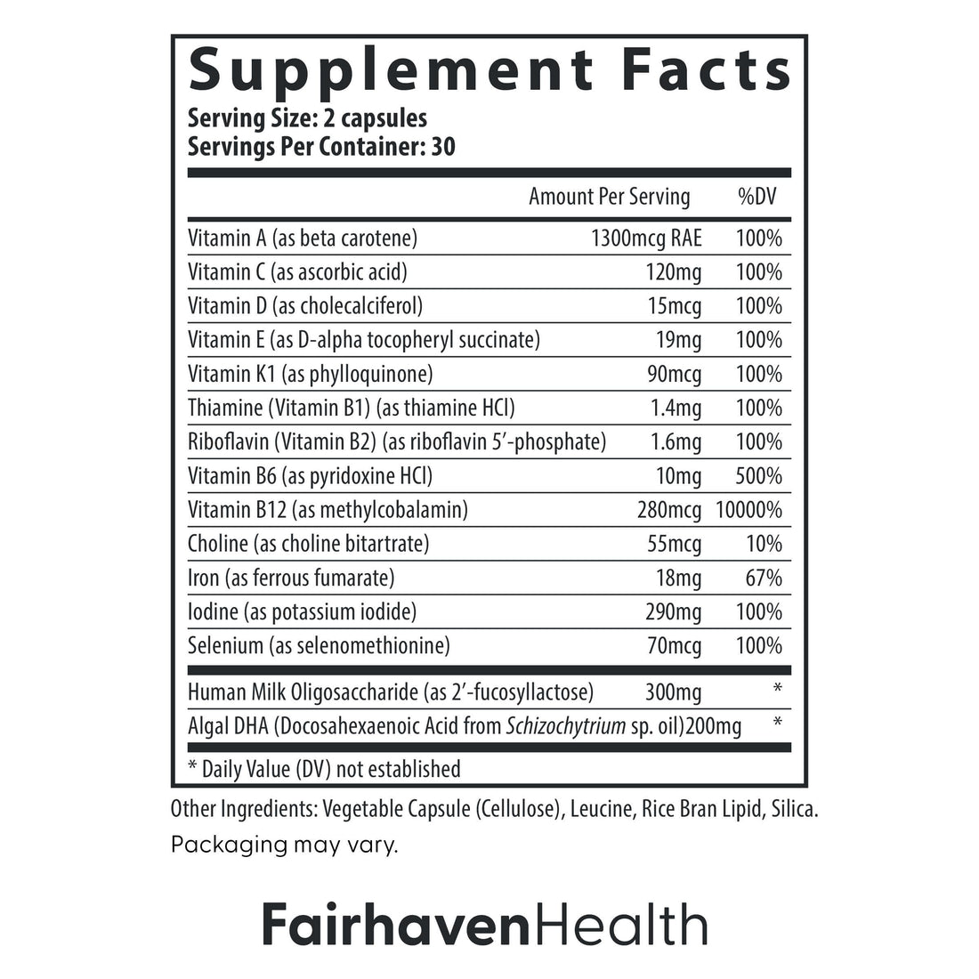 Fairhaven Health Postnatal Multivitamin Essentials | Vegan Daily Multivitamin for Postpartum Women | Breastfeeding Mother and Baby Development Support | Gluten, Dairy, Soy Free | Non-GMO | 60 Capsules