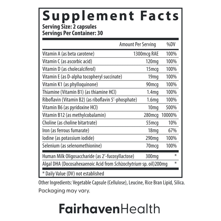 Fairhaven Health Postnatal Multivitamin Essentials | Vegan Daily Multivitamin for Postpartum Women | Breastfeeding Mother and Baby Development Support | Gluten, Dairy, Soy Free | Non-GMO | 60 Capsules