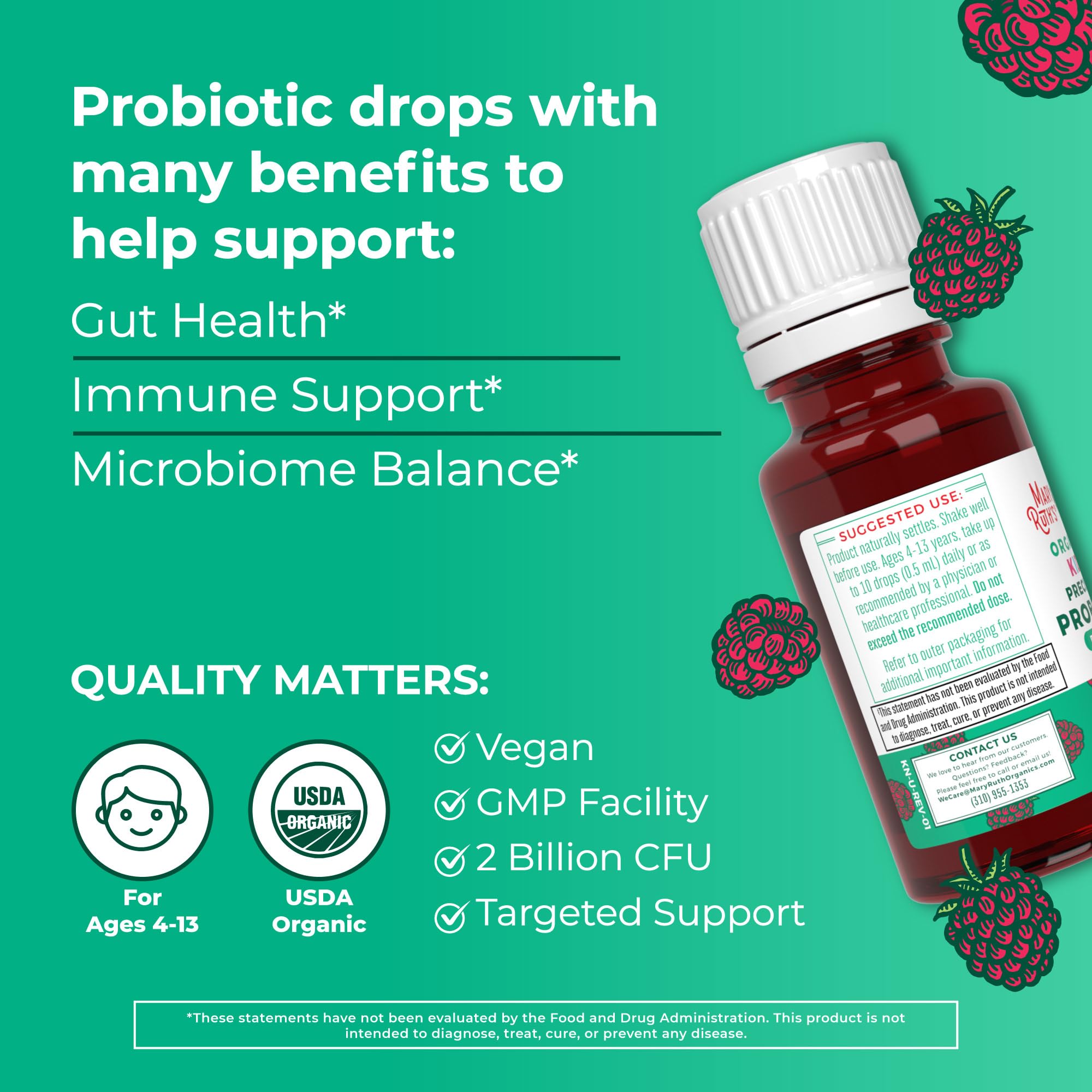 MaryRuth Organics USDA Organic Liquid Kids Probiotic Drops | Digestive Health | Gut Health | Kids Immune Support Supplement | Overall Health and Wellness | Non GMO | Vegan | 30 Servings