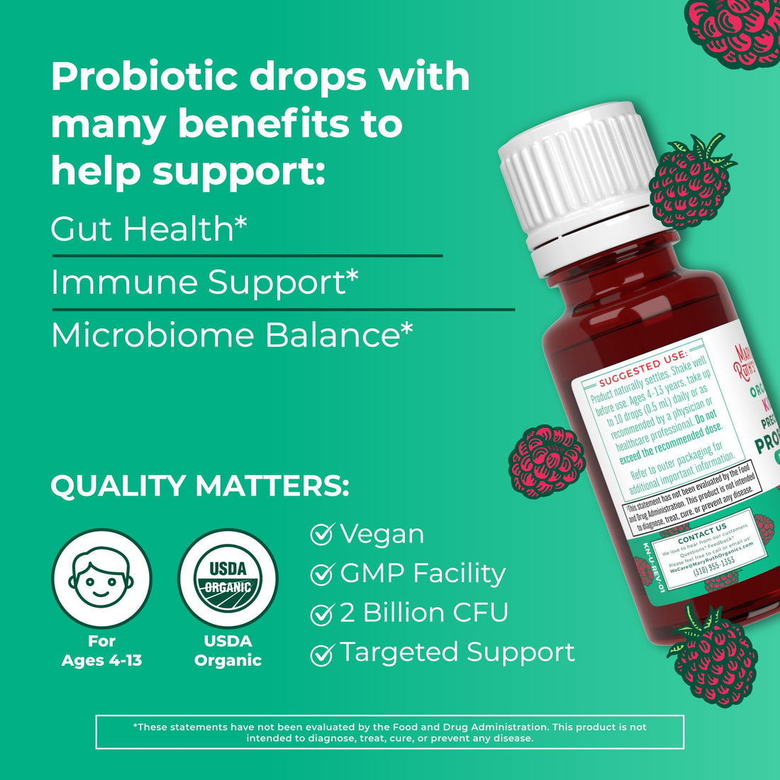 MaryRuth Organics USDA Organic Liquid Kids Probiotic Drops | Digestive Health | Gut Health | Kids Immune Support Supplement | Overall Health and Wellness | Non GMO | Vegan | 30 Servings