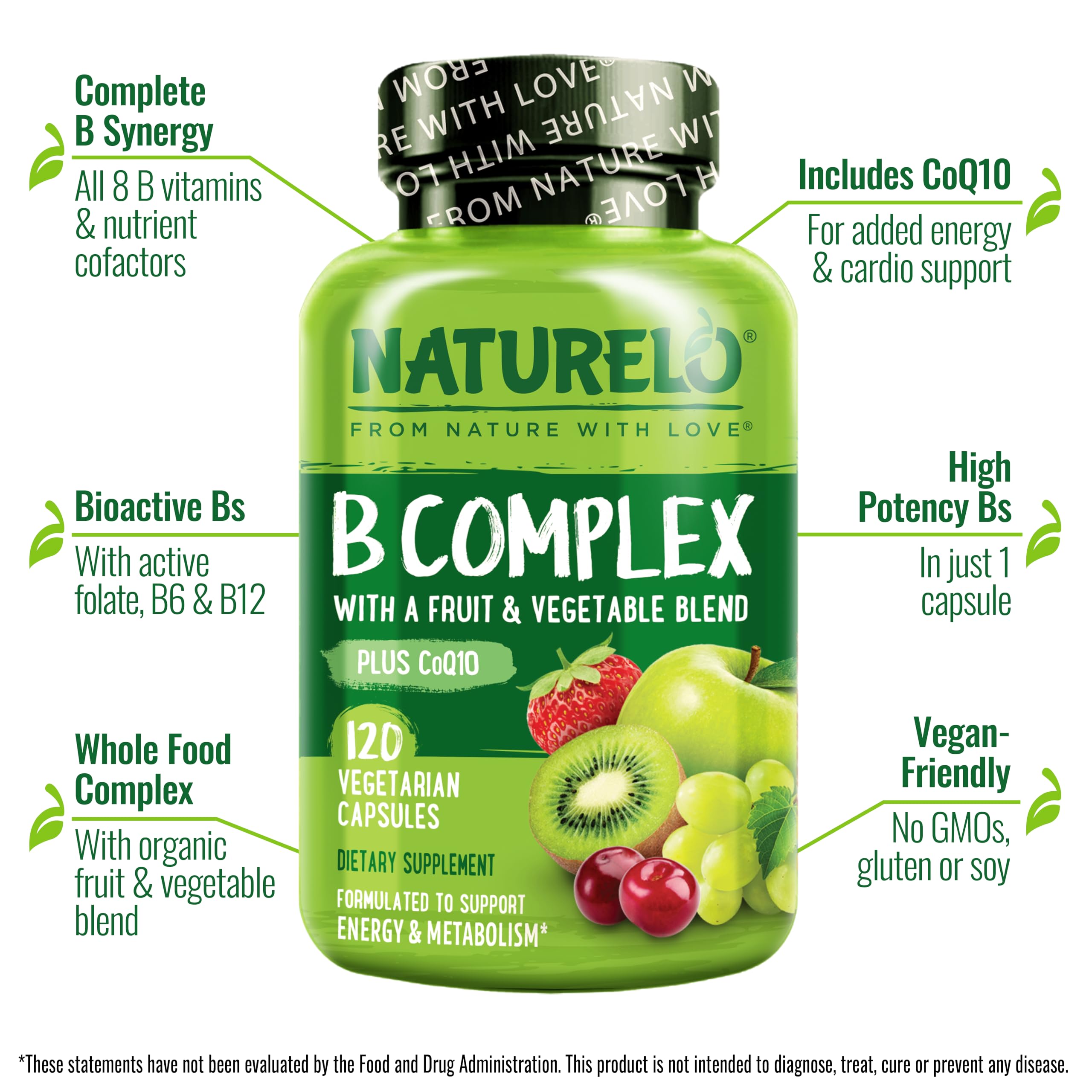 NATURELO Vitamin B Complex with Methyl B12, Methyl Folate, Vitamin B6, Biotin Plus Choline, CoQ10, and Fruit & Vegetable Blend - Supports Energy & Healthy Stress Response - Vegan - 120 Capsules