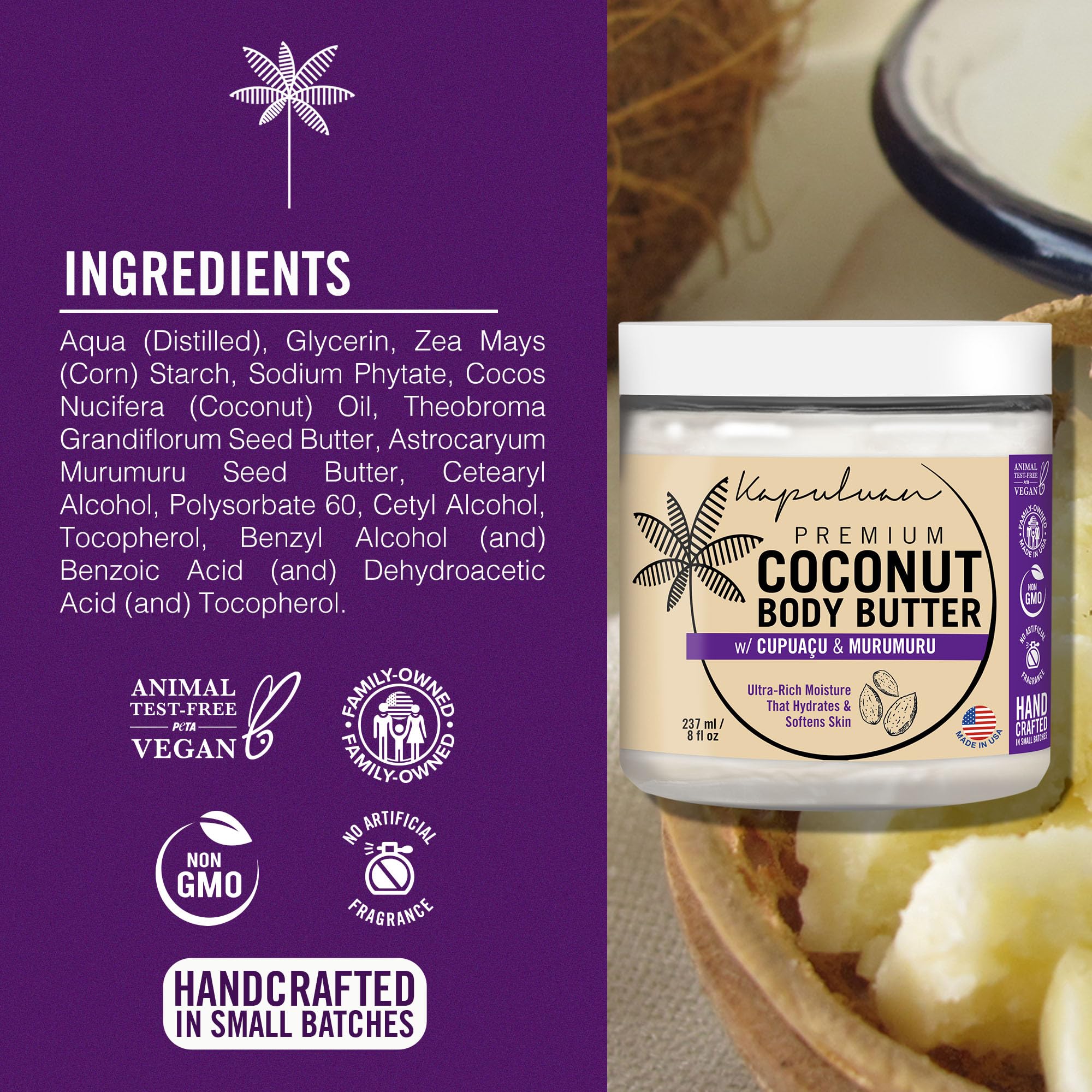 Coconut Body Butter for Women Dry Skin, Body Butter with Pure Coconut Oil, Cupuaçu & Murumuru, Whipped Body Butter for Women, Shea Body Butter Cream, Mantequilla Corporal (Watermelon & Freesia Scent)