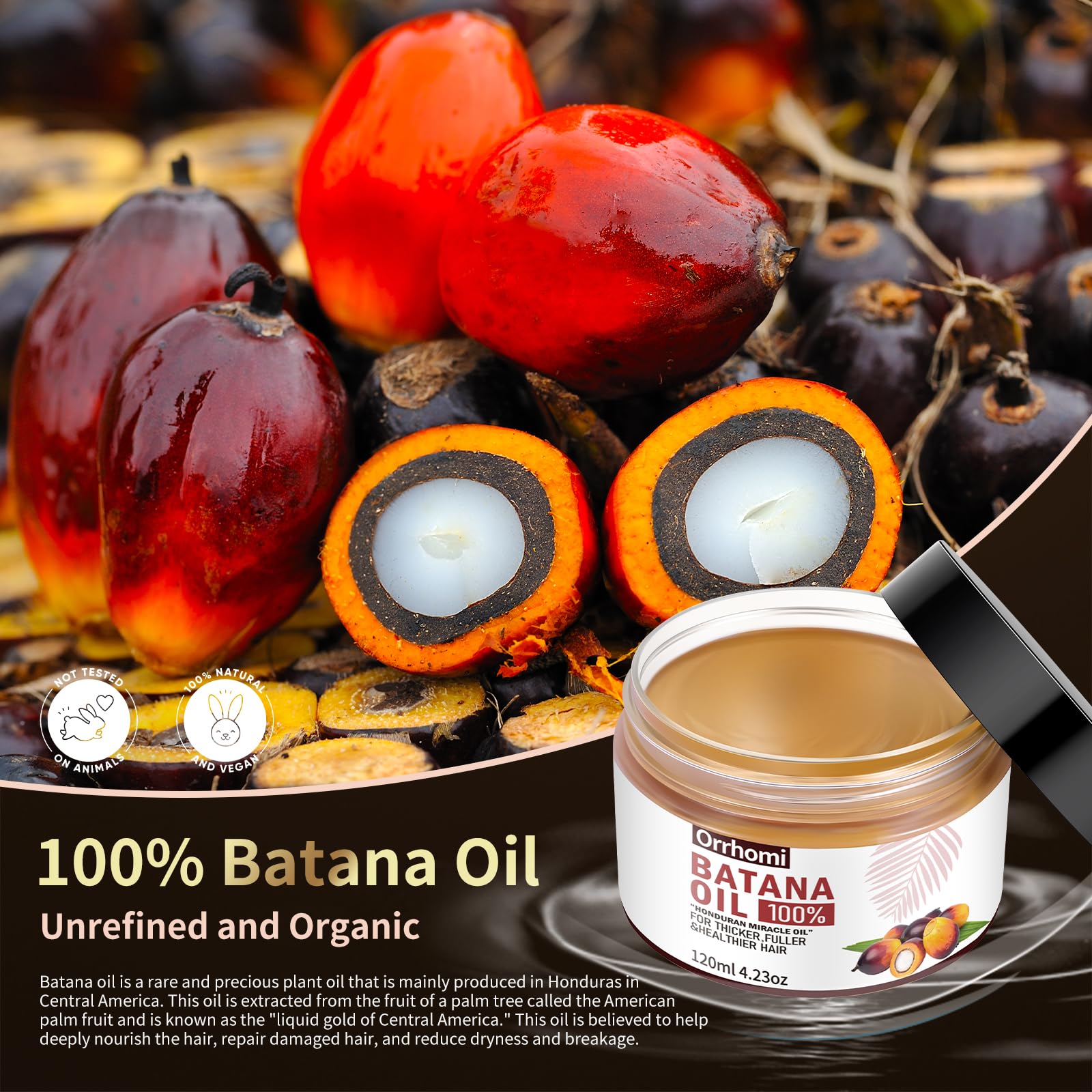 Batana Oil for Hair Growth, 100% Pure & Organic, Cold Pressed Traditional Palm Nut, Unrefined Hair Growth Oil Prevents Hair Loss