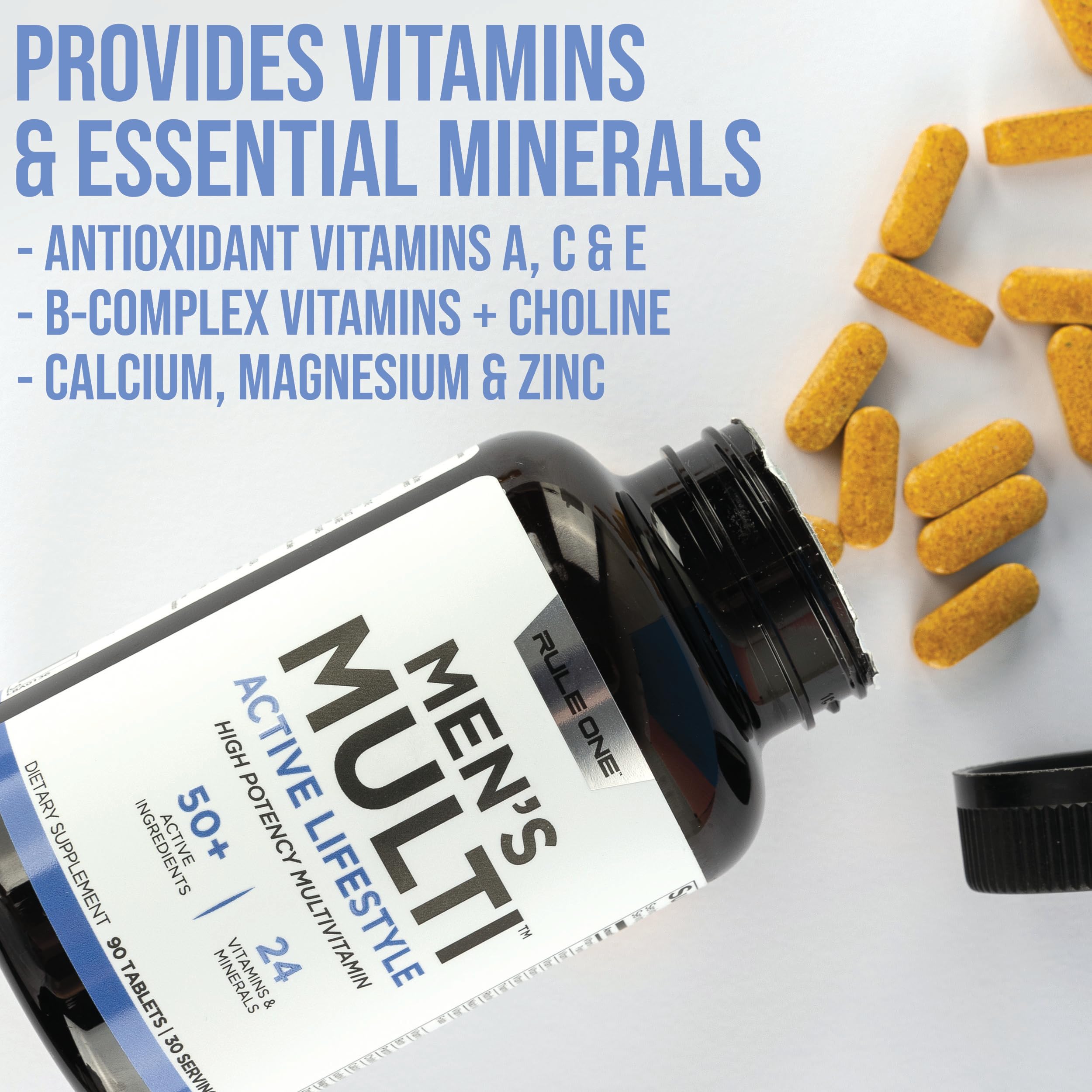 Rule 1 Men's Multi - Men's Daily Vitamins, Essential Minerals, Superfoods, Digestive Enzymes, Amino Acids, & Antioxidants for Active Lifestyles and Wellness Support (90 Tablets, 30 Day Supply)