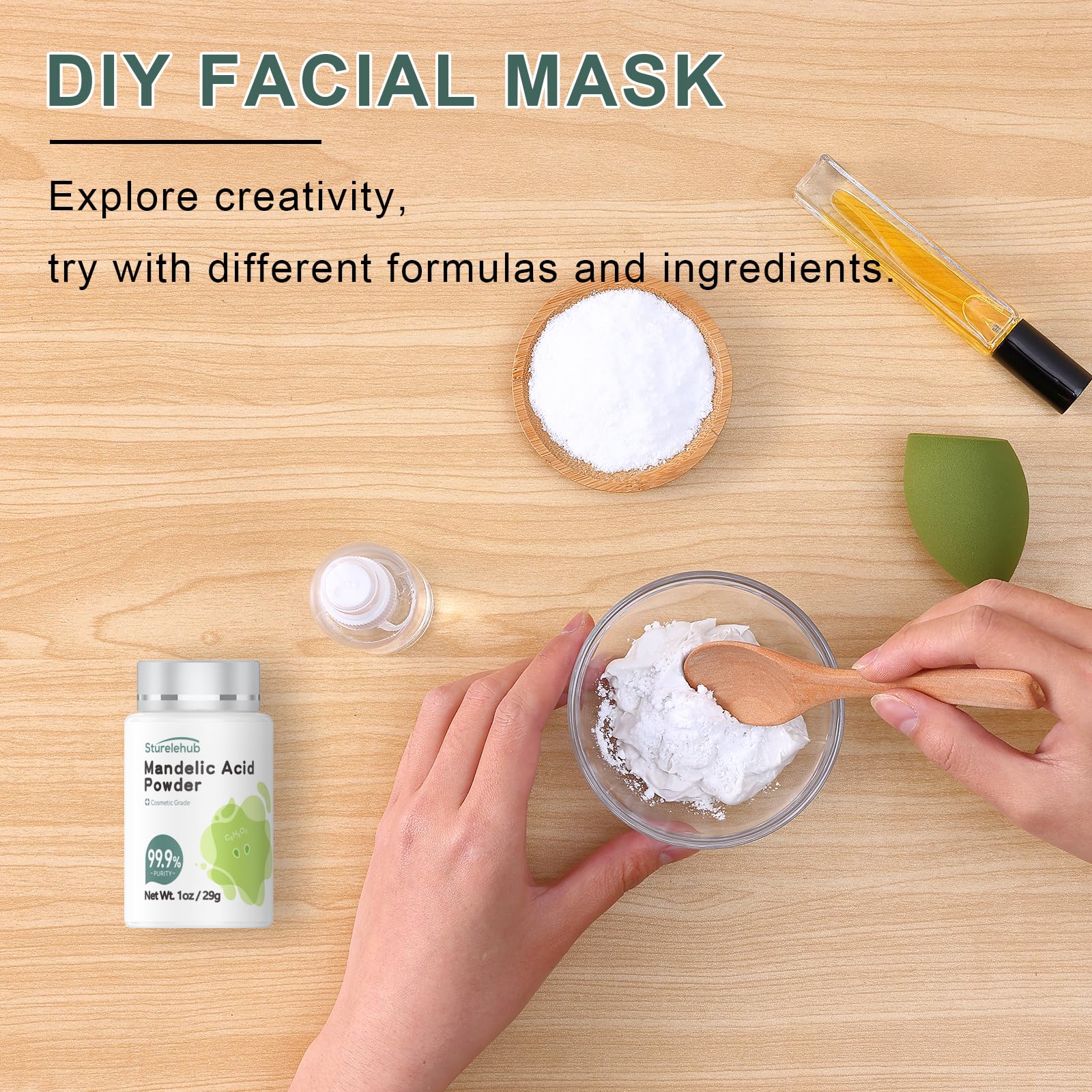 Sturelehub Mandelic Acid Powder, 1OZ 99.9% Purity, Natural, Cosmetic Grade, DIY Mandelic Acid Serum, Mandelic Acid Peel/Mask, Make Your Own Mandelic Acid Cream, Moisturizer