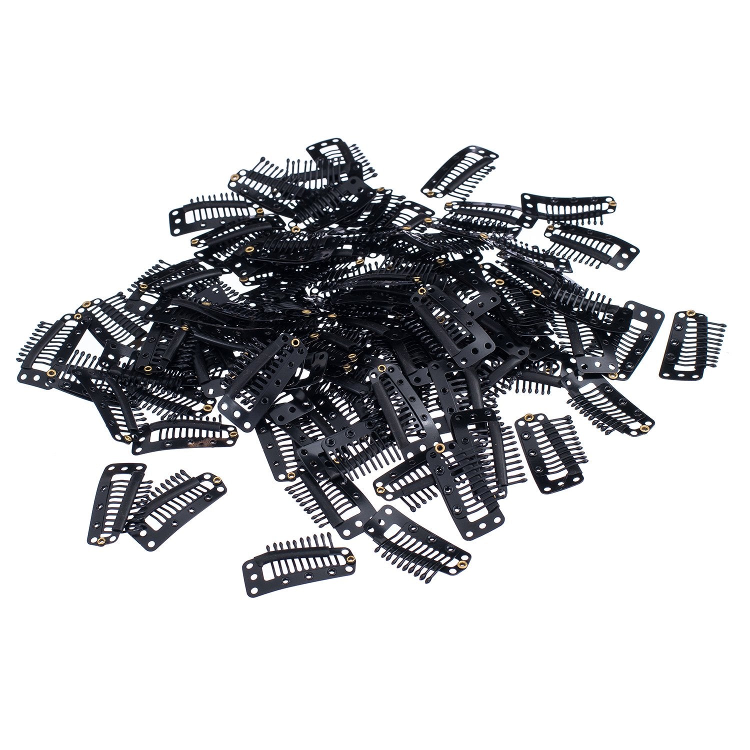 Black, 10-Teeth 9 holes : SWACC 100 Pcs U Shape Metailic Snap Clips ins for Hair Extension Hairpiece DIY Snap-Comb Wig Clips with Rubber (Black, 10-Teeth 9 holes)