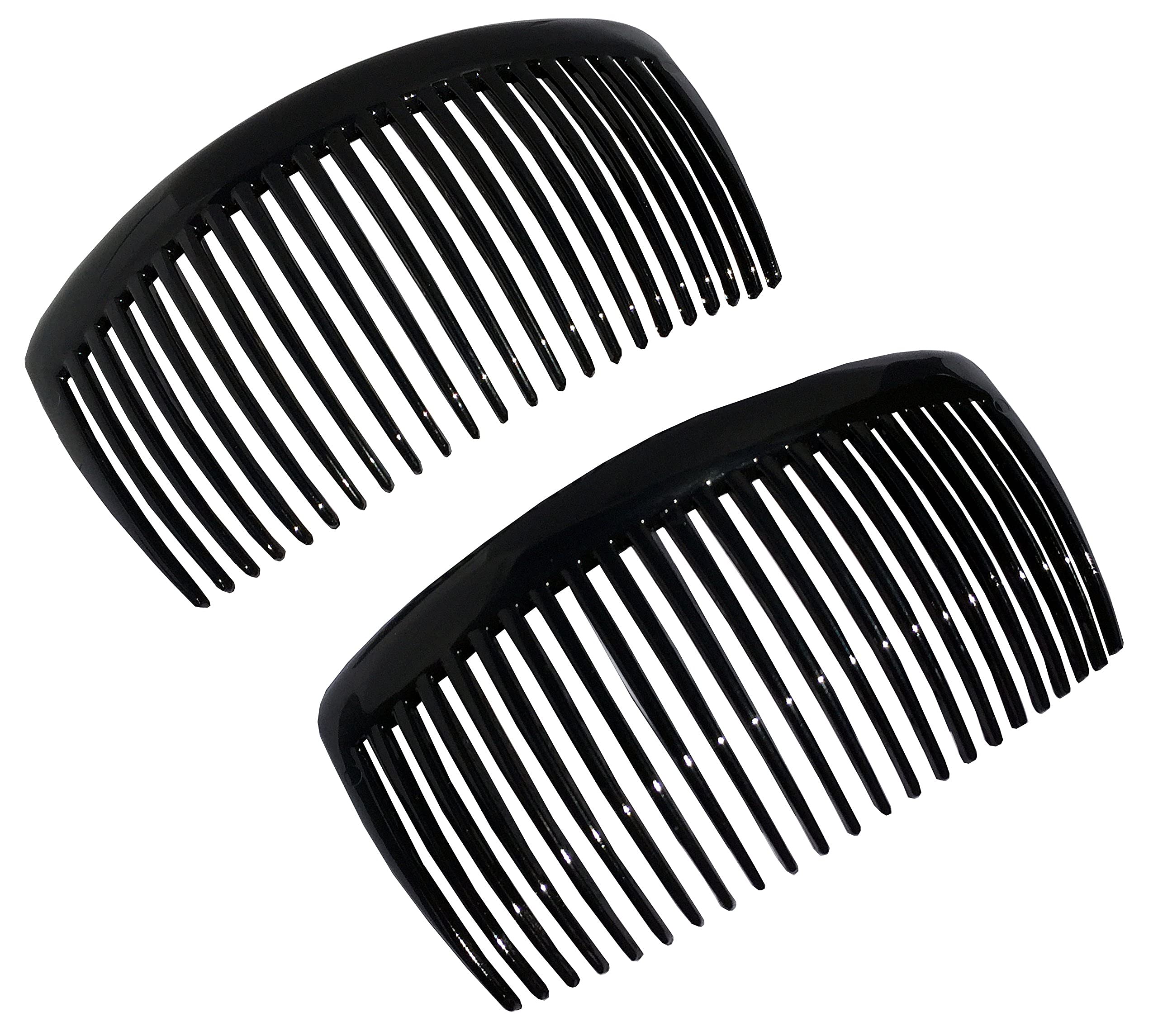 Parcelona French Large 2 Pieces Glossy Black Cellulose Acetate Good Grip Updo 23 Teeth Hair Side Combs 4.25 Inches