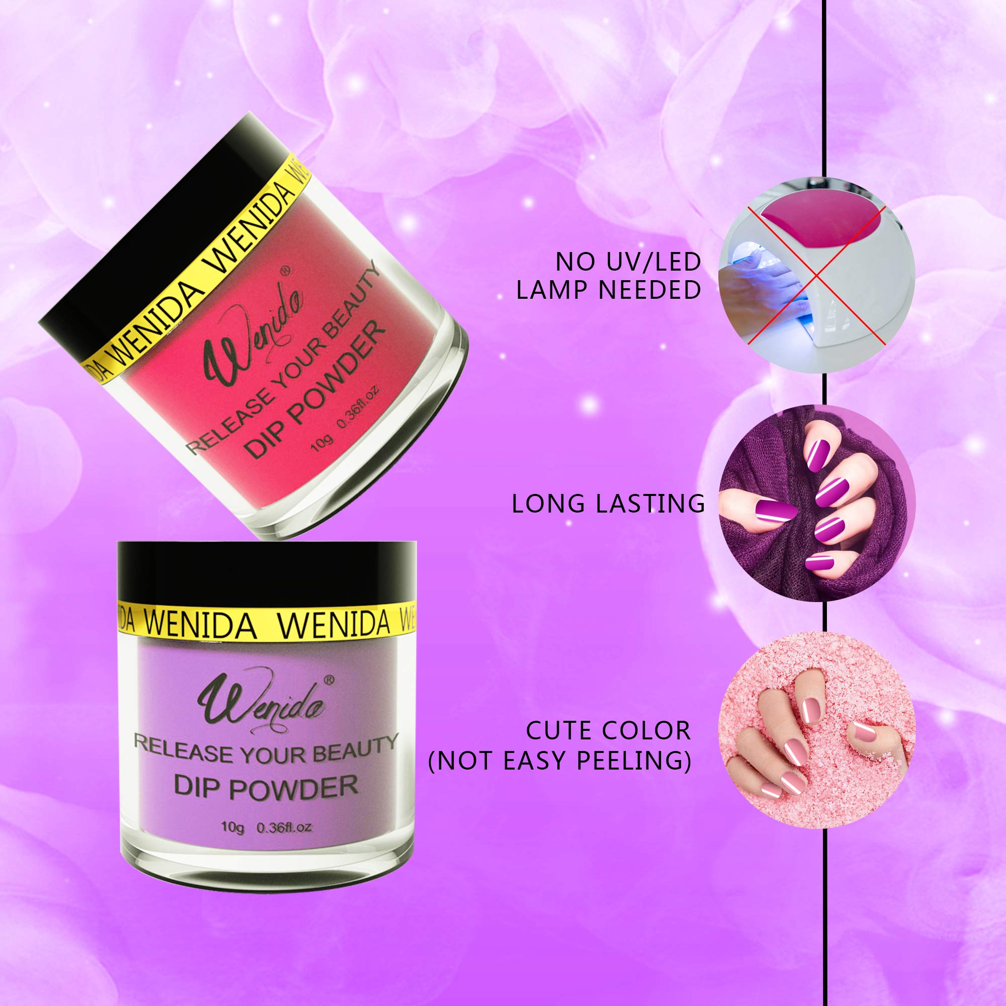 Dipping Nail Powder Wenida 10 Colors Red Burgundy Gold Glitter Purple Festival French Manicure Nail Art Set with Silicone Brush Nail Grit File 10 pcs False Nails