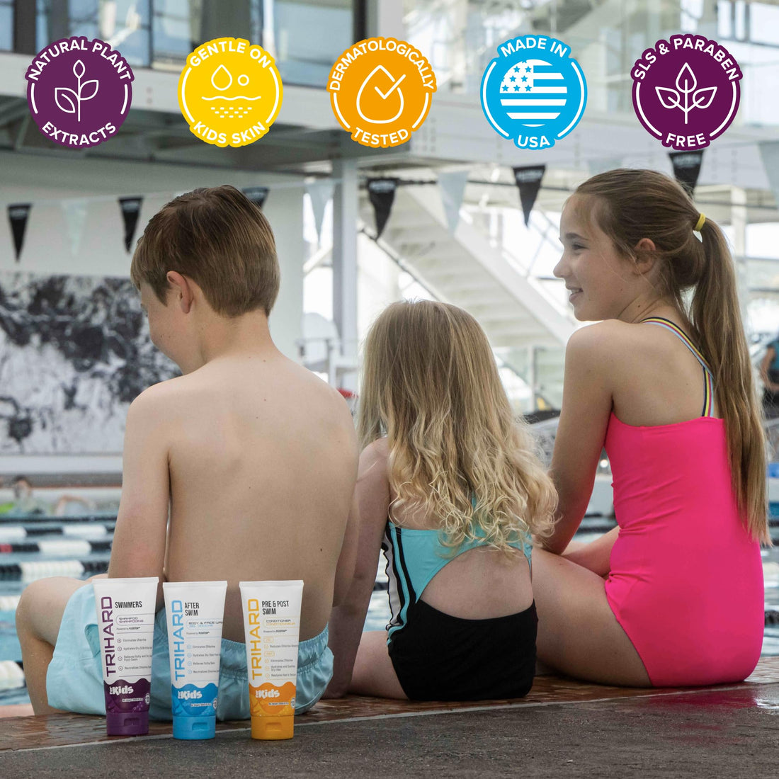 TRIHARD Essential Swim Care Kit For Kids, 3-in-1 Shampoo, Conditioner, Body Wash, Chlorine Shampoo for Swimmers, Leave-In Conditioner, Pool Essentials, Ultimate Swimming Hair Care for Kids