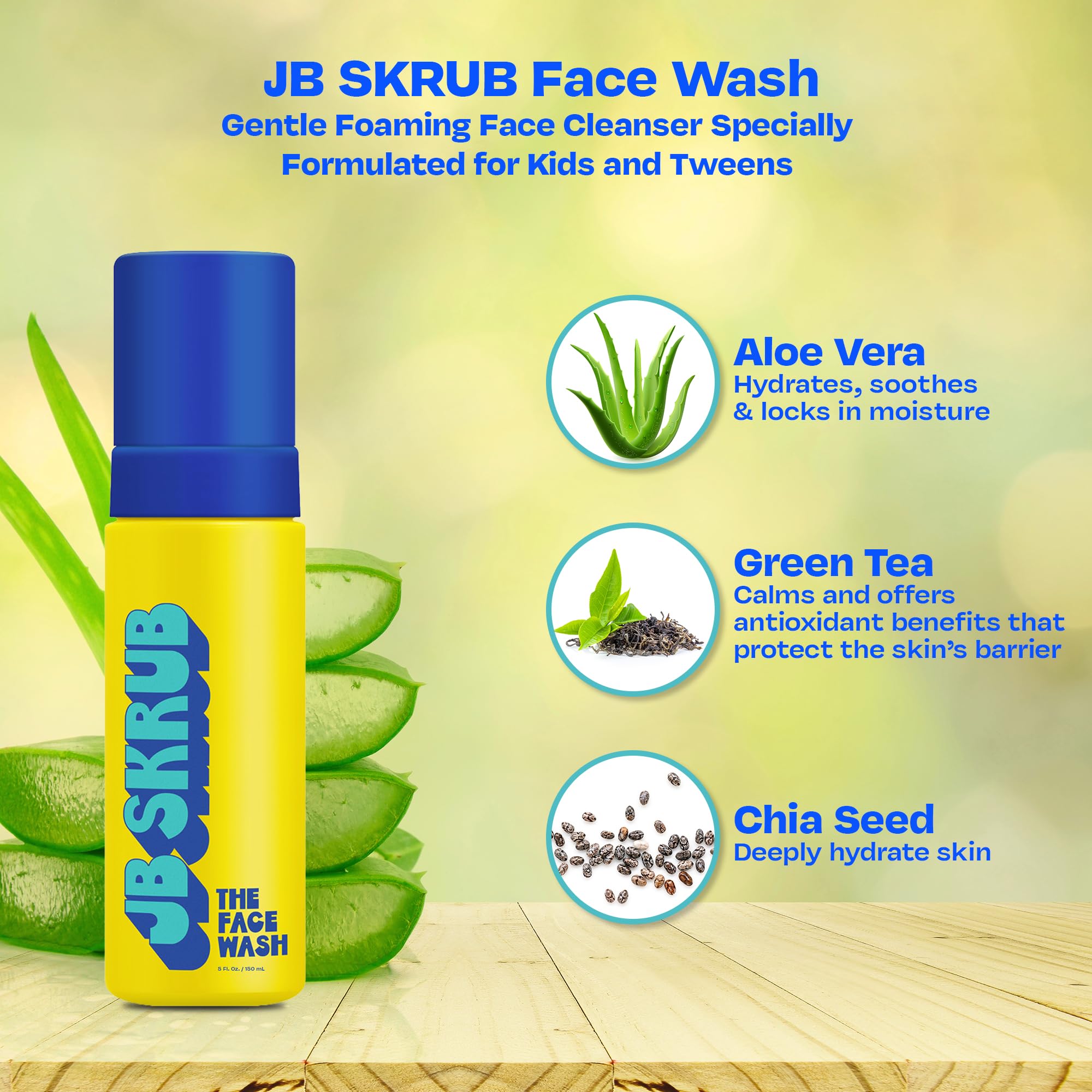 JB SKRUB The Face Wash - Gentle Facial Cleanser for Kids, Tween and Teen Boys - Fragrance-Free Foaming Face Wash with Aloe Vera & Chia Seed for Sensitive Skin - 5 Fl. Oz