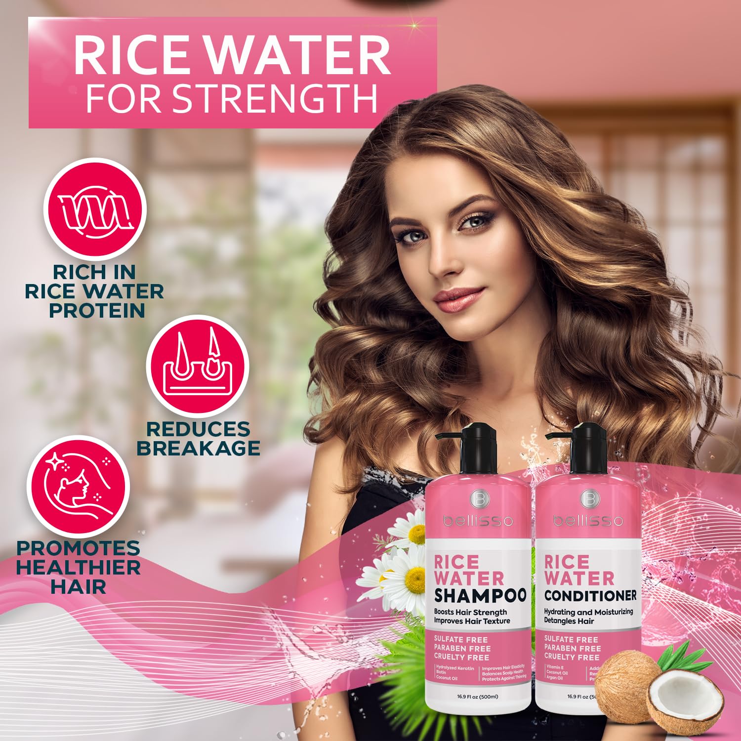 Rice Water Shampoo and Conditioner Set - Sulfate Free for Thin and Fine Hair - Fuller, Thickening Formula for Women and Men - With Strengthening Saw Palmetto - Anti Thinning, Volumizing for Thick Hair
